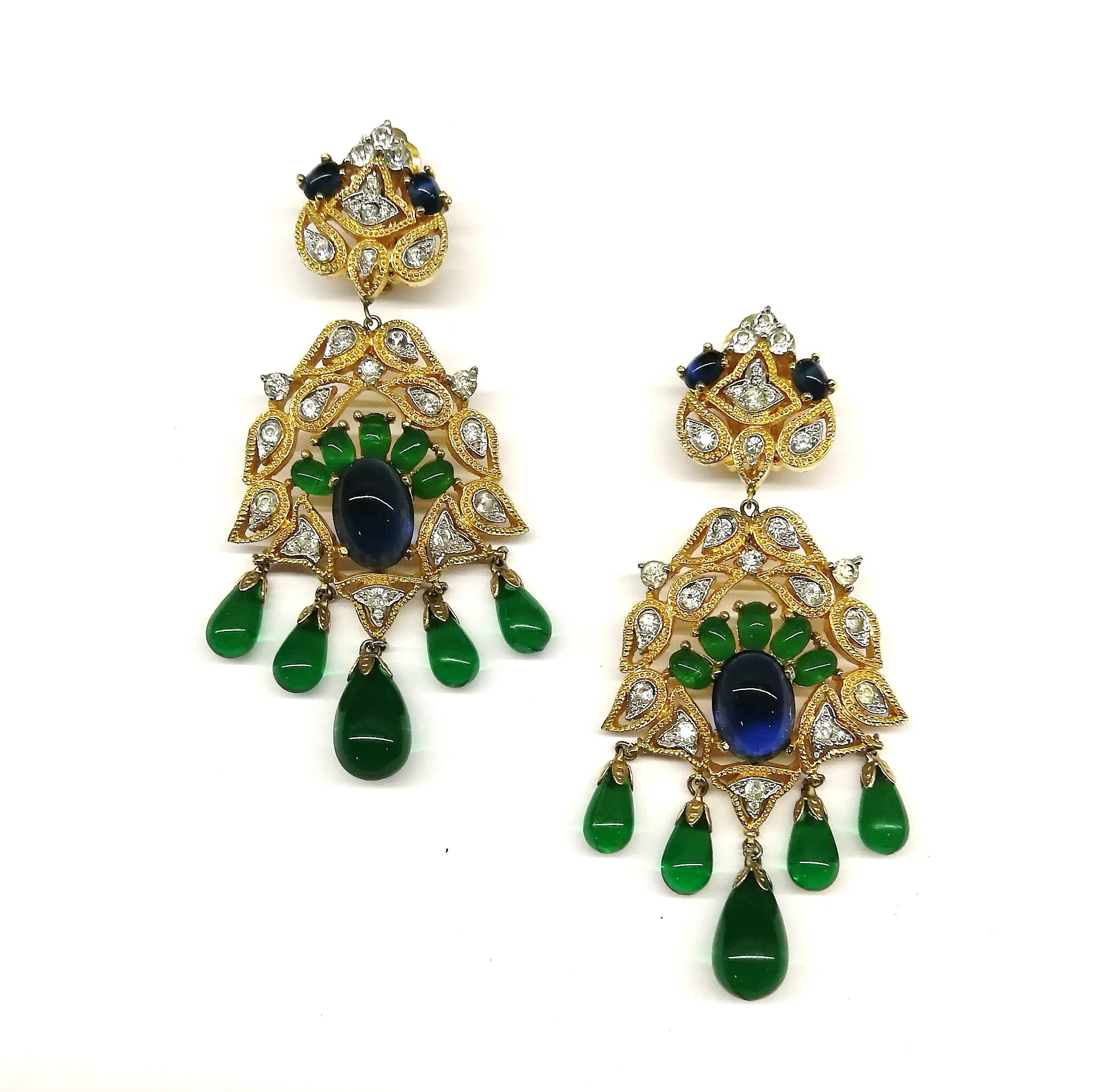 Beautiful and bright earrings of the high quality from Joseph Mazer, with emerald and sapphire paste cabuchons set in gilt metal, all highlighted with clear paste,  - perfect for the Holiday and party season. 
 Jomaz’ was an abbreviation for Joseph