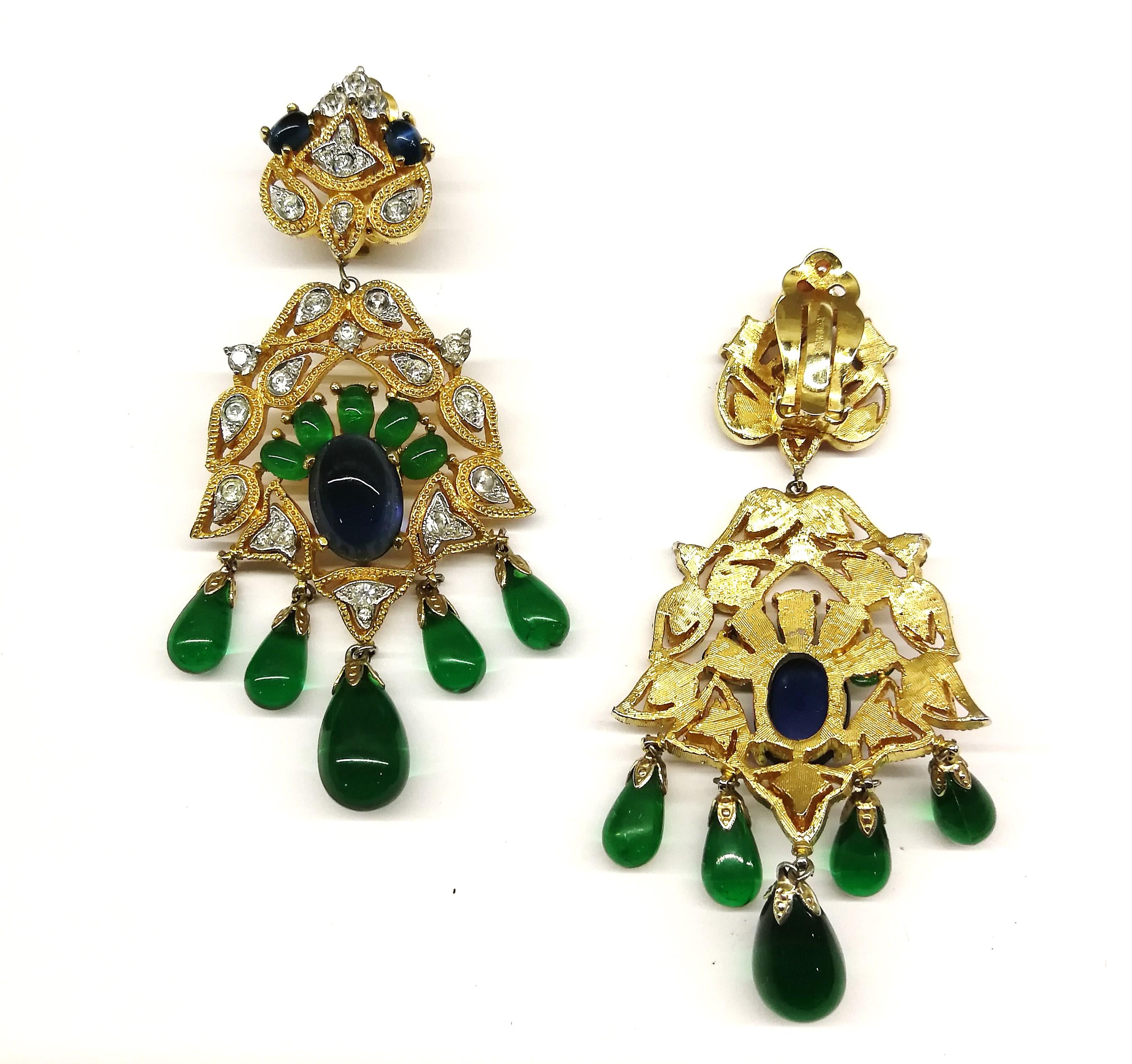 Women's Large Moghul-style gilt metal and coloured paste drop earrings, Mazer, 1960s