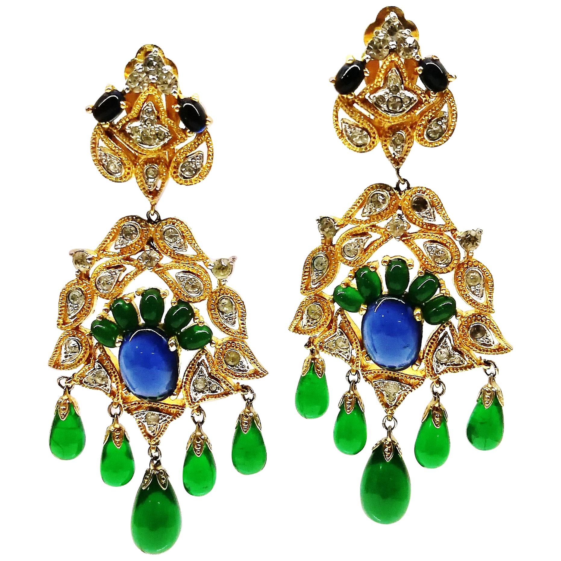Large Moghul-style gilt metal and coloured paste drop earrings, Mazer, 1960s