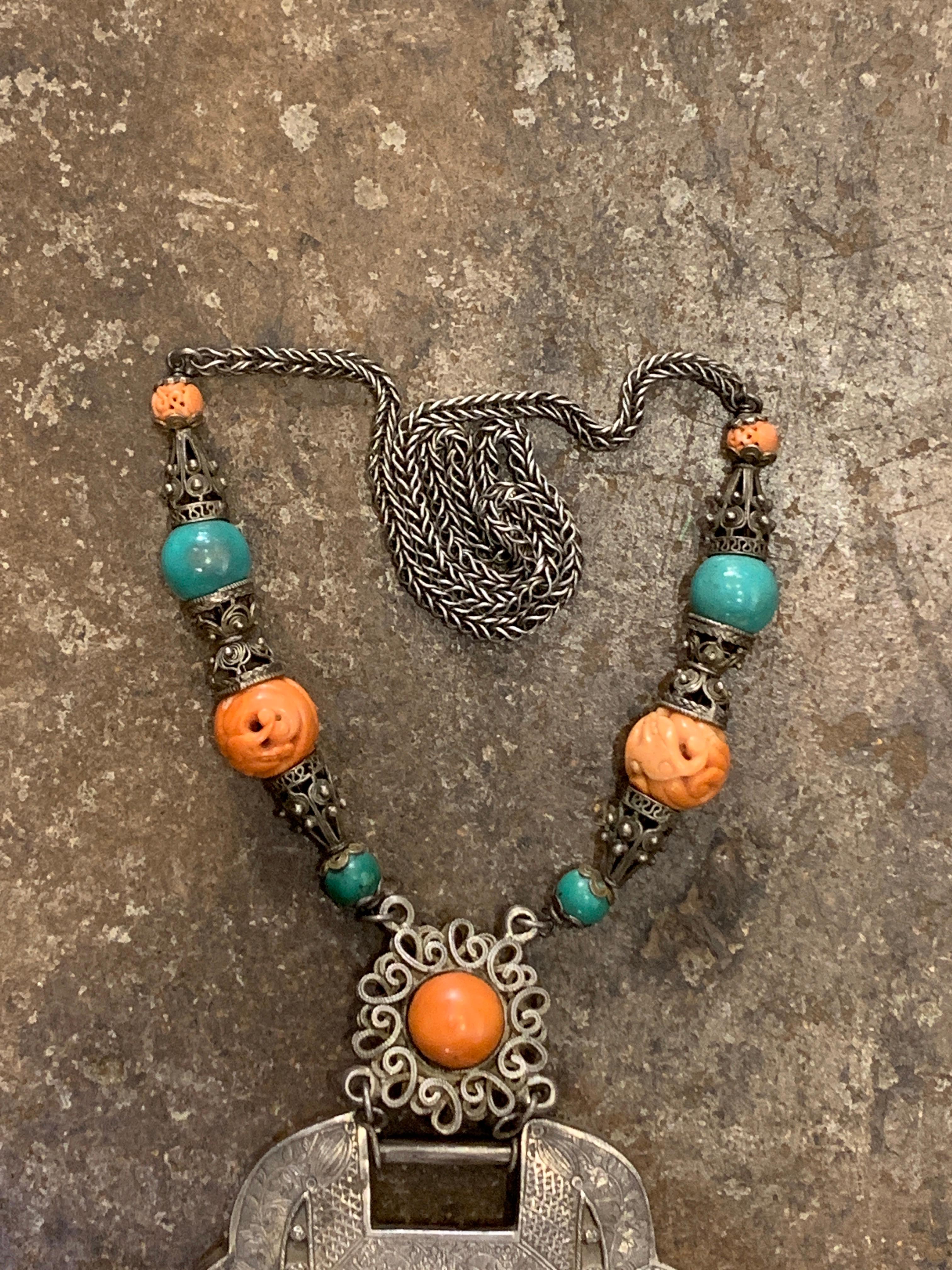Large Mongolian Silver, Coral, Turquoise Lock Charm Necklace, Early 20th Century In Good Condition For Sale In Austin, TX