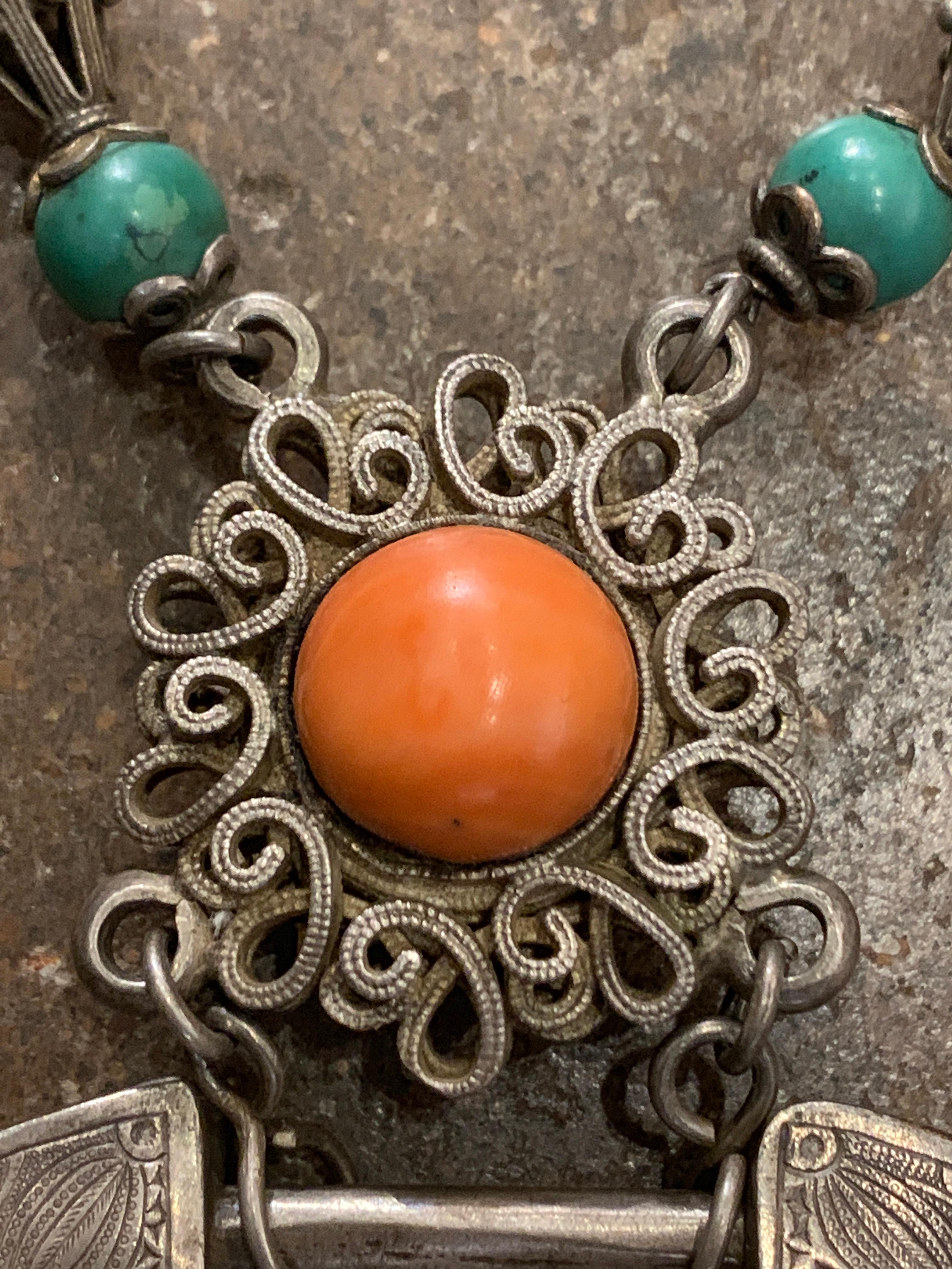 Women's or Men's Large Mongolian Silver, Coral, Turquoise Lock Charm Necklace, Early 20th Century For Sale