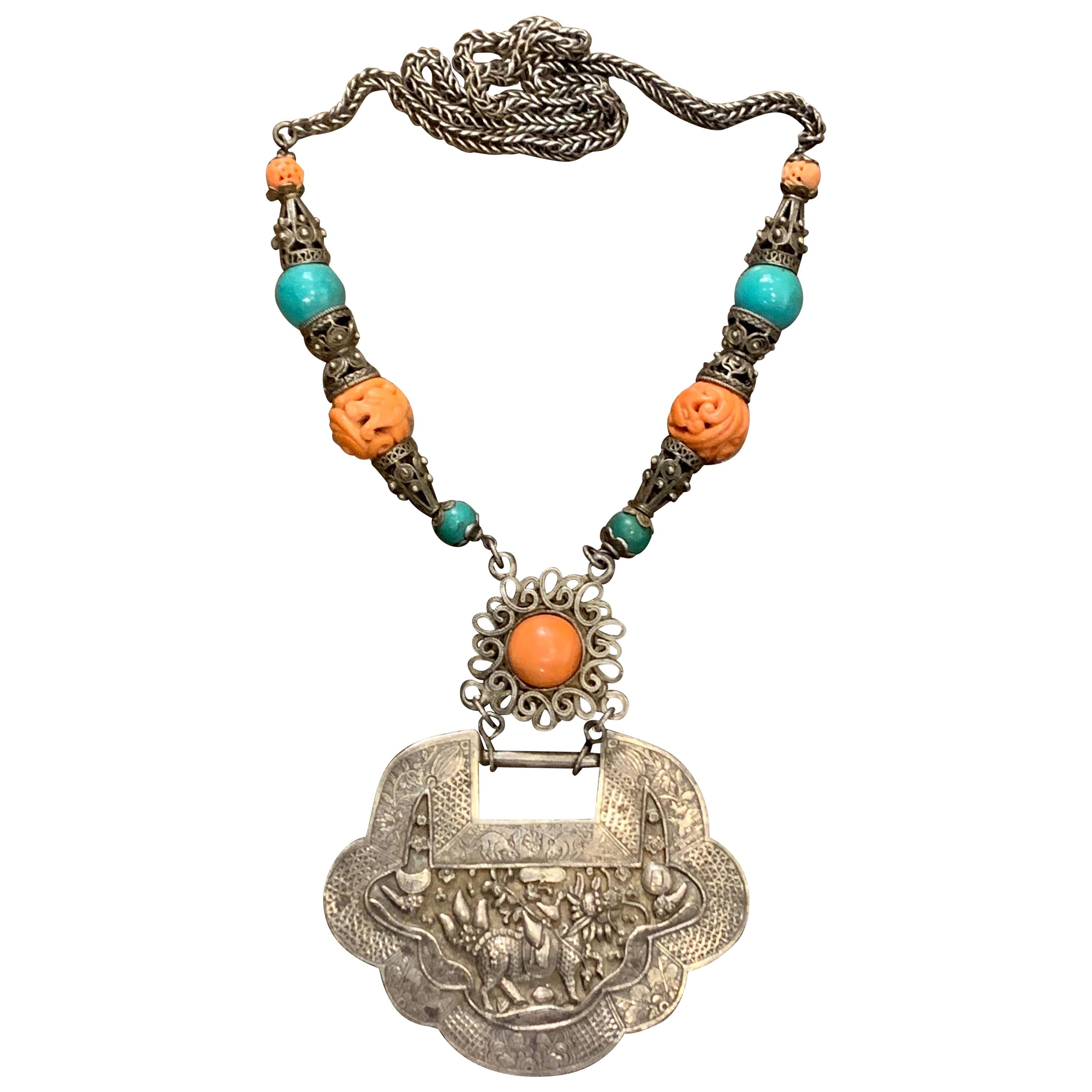 Large Mongolian Silver, Coral, Turquoise Lock Charm Necklace, Early 20th Century