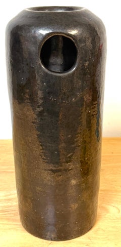 Large Monochrome Black Glazed Studio Pottery Vase with Pierced Openings, Signed