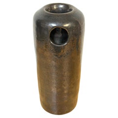 Large Monochrome Black Glazed Studio Pottery Vase with Pierced Openings, Signed