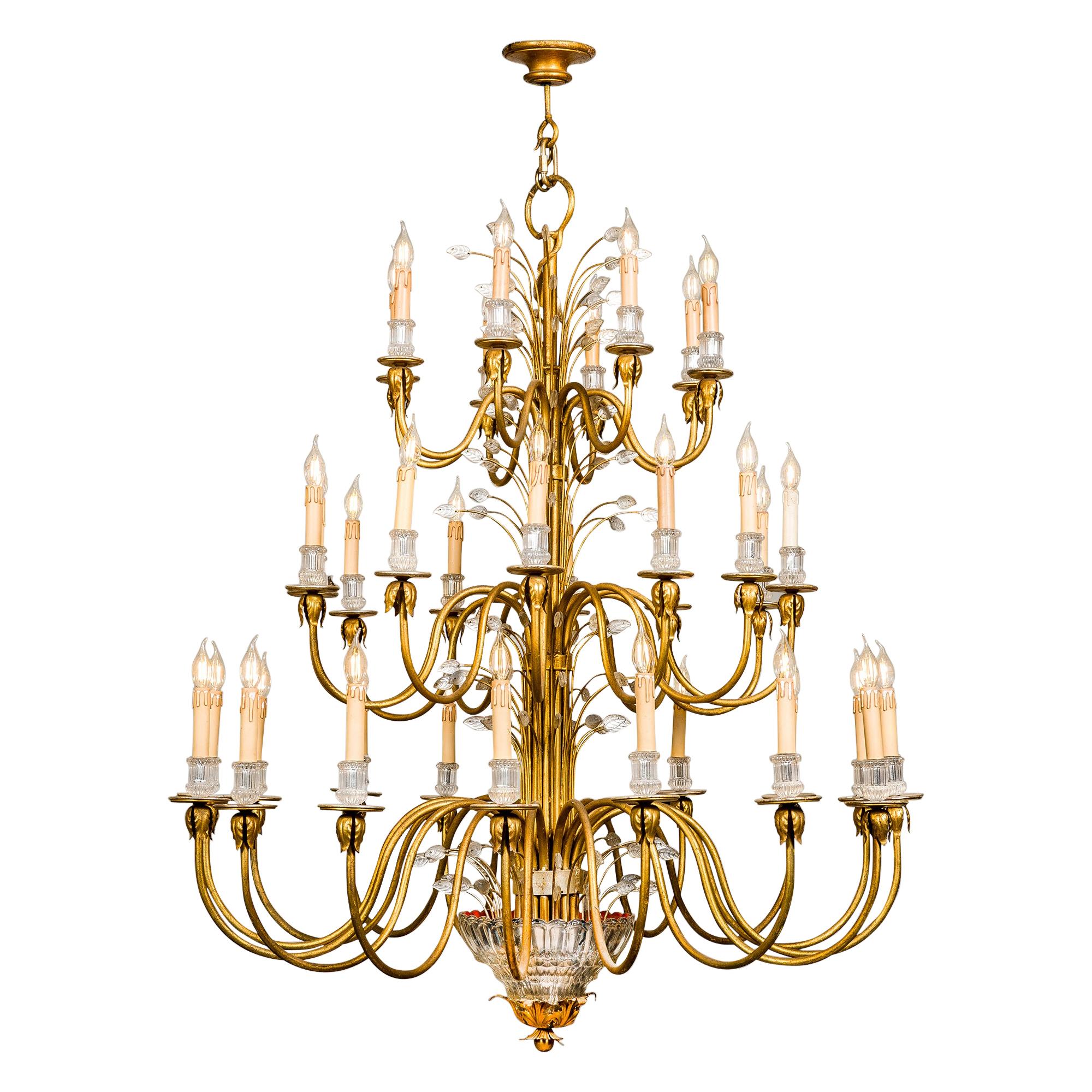 Large Monumental 3-Tier 36-Light Italian Neoclassic Chandelier with Gold Leaf