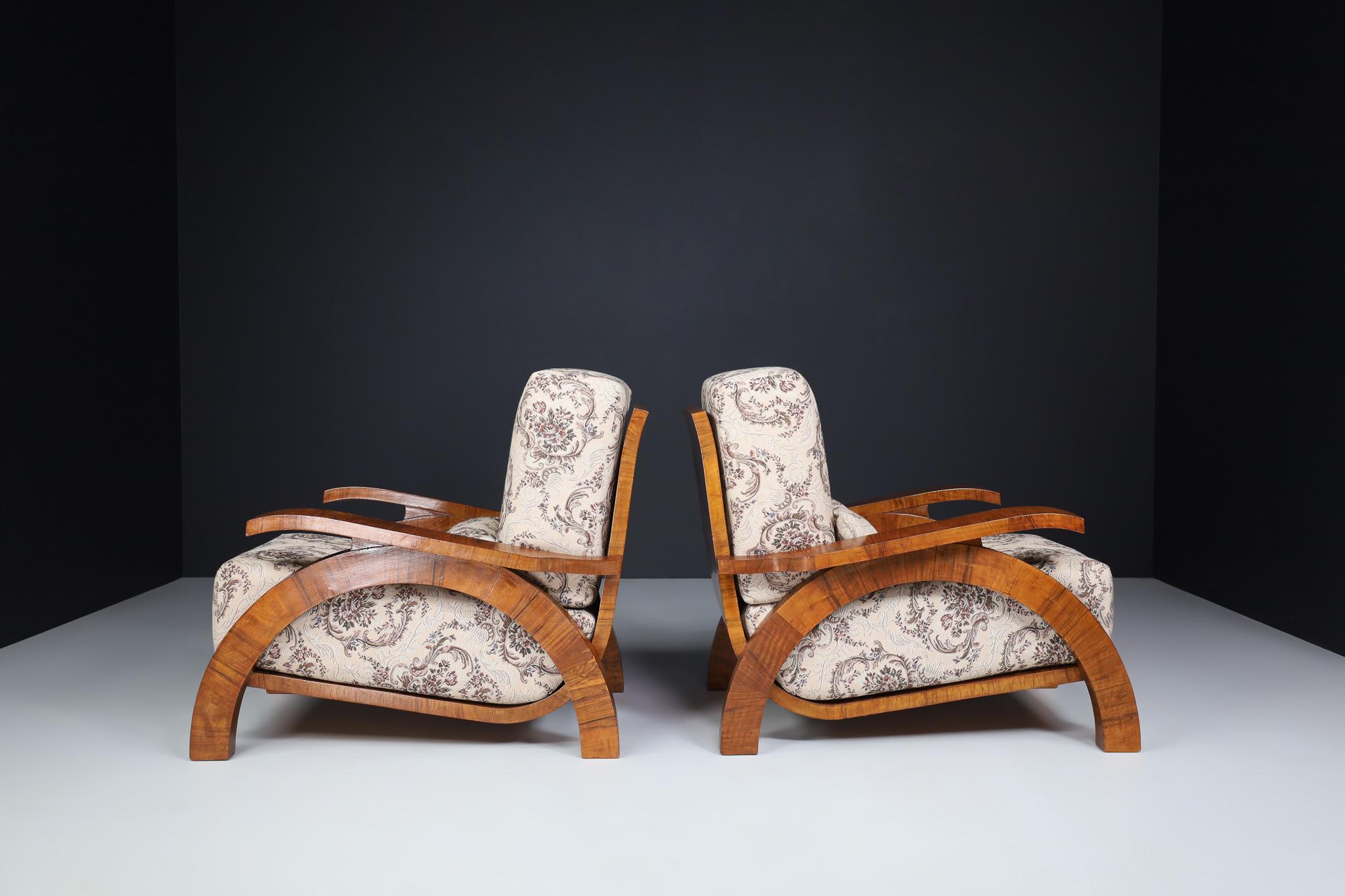 Czech Large Monumental Art Deco Armchairs in Walnut and Original Fabric, Prague 1930s For Sale