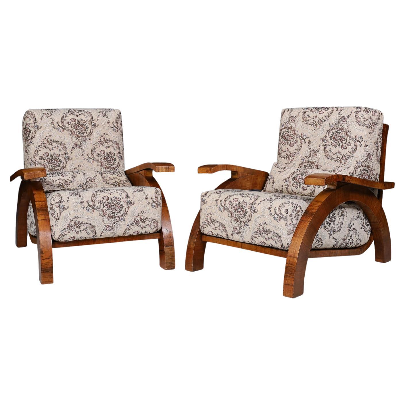 Large Monumental Art Deco Armchairs in Walnut and Original Fabric, Prague 1930s For Sale