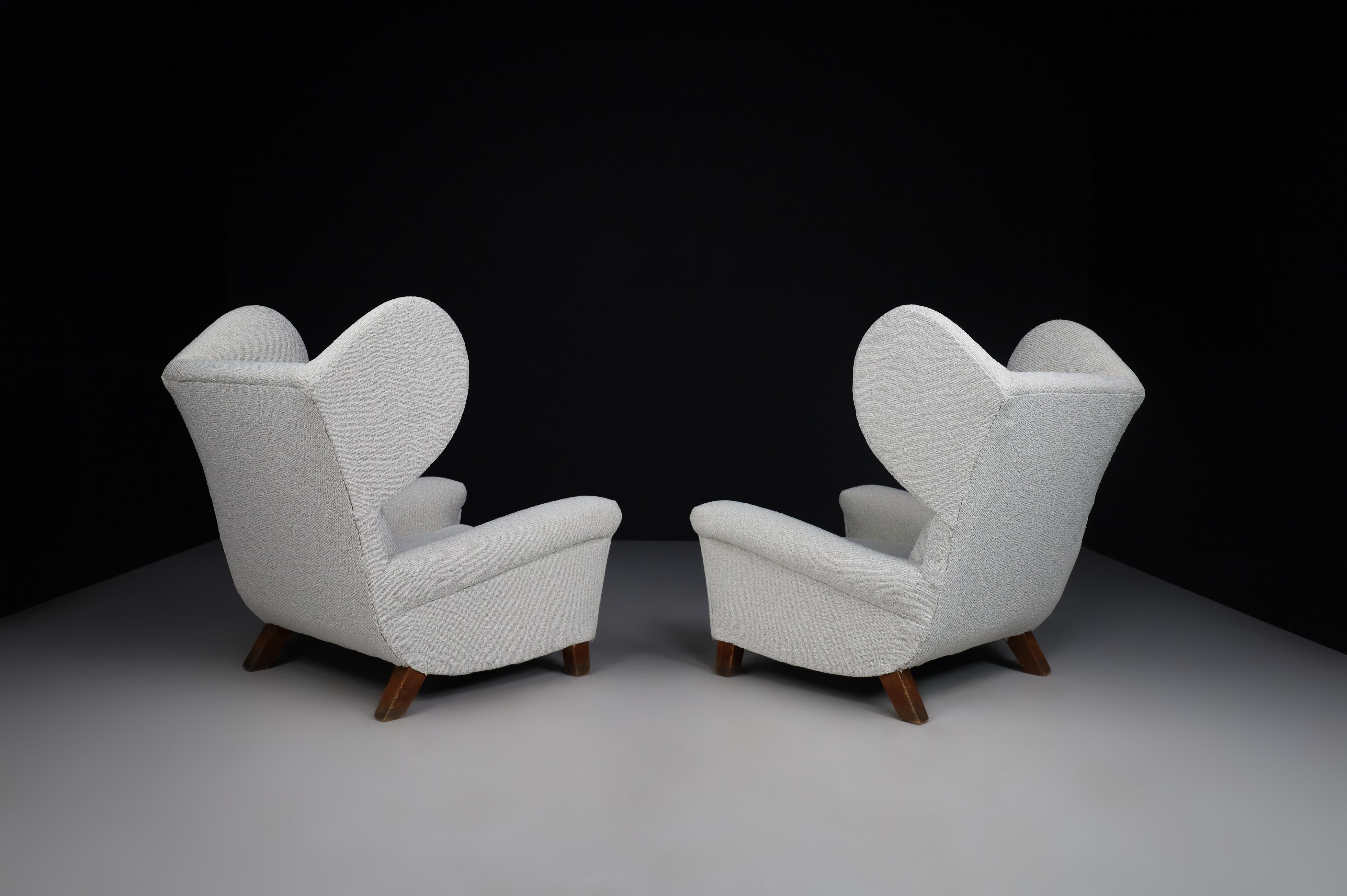 Mid-Century Modern Large Monumental Midcentury Wingback Armchairs in Re-upholstered Bouclé Fabric For Sale