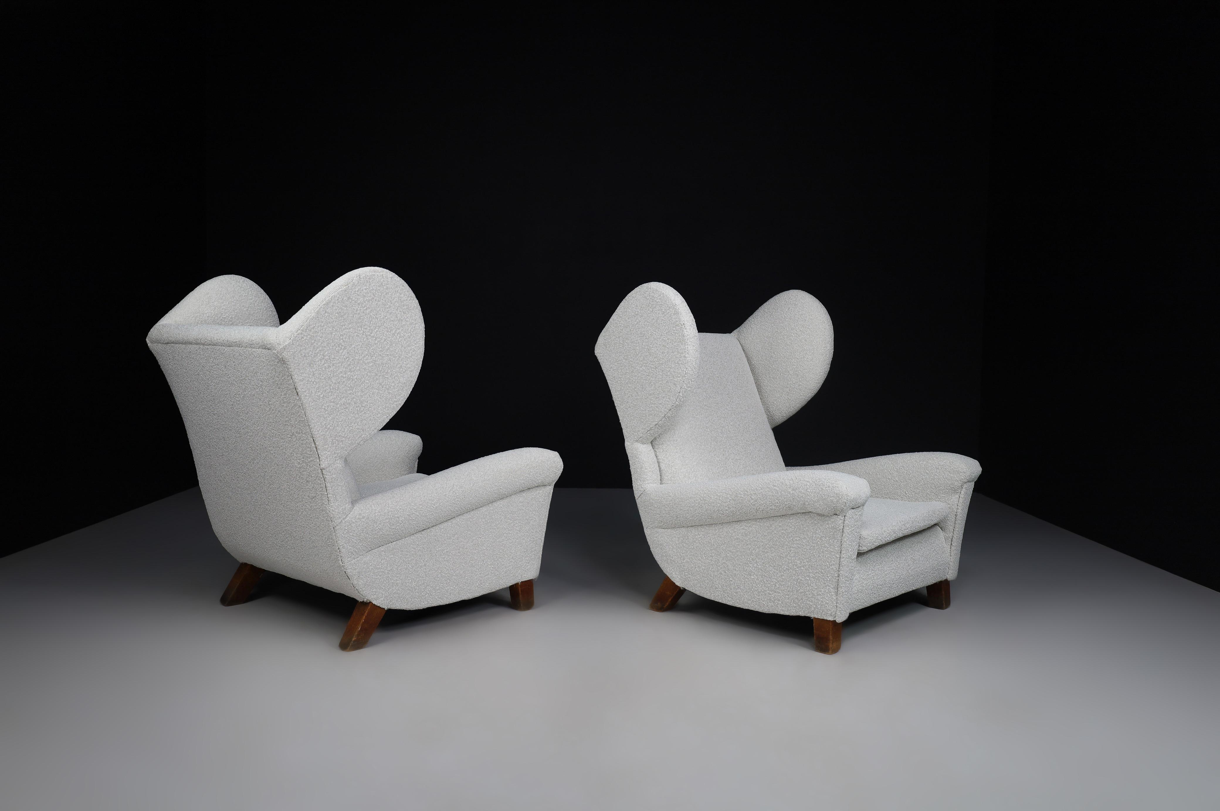 French Large Monumental Midcentury Wingback Armchairs in Re-upholstered Bouclé Fabric For Sale