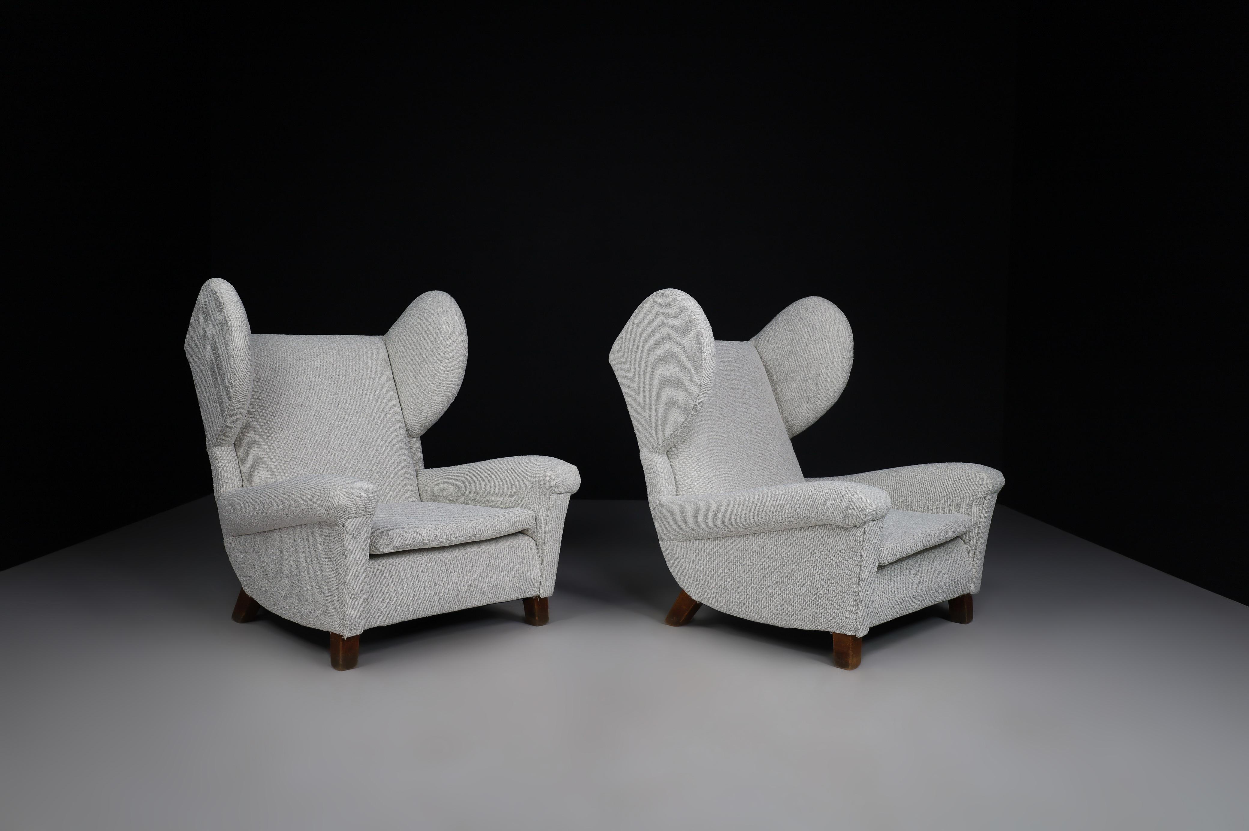 20th Century Large Monumental Midcentury Wingback Armchairs in Re-upholstered Bouclé Fabric For Sale