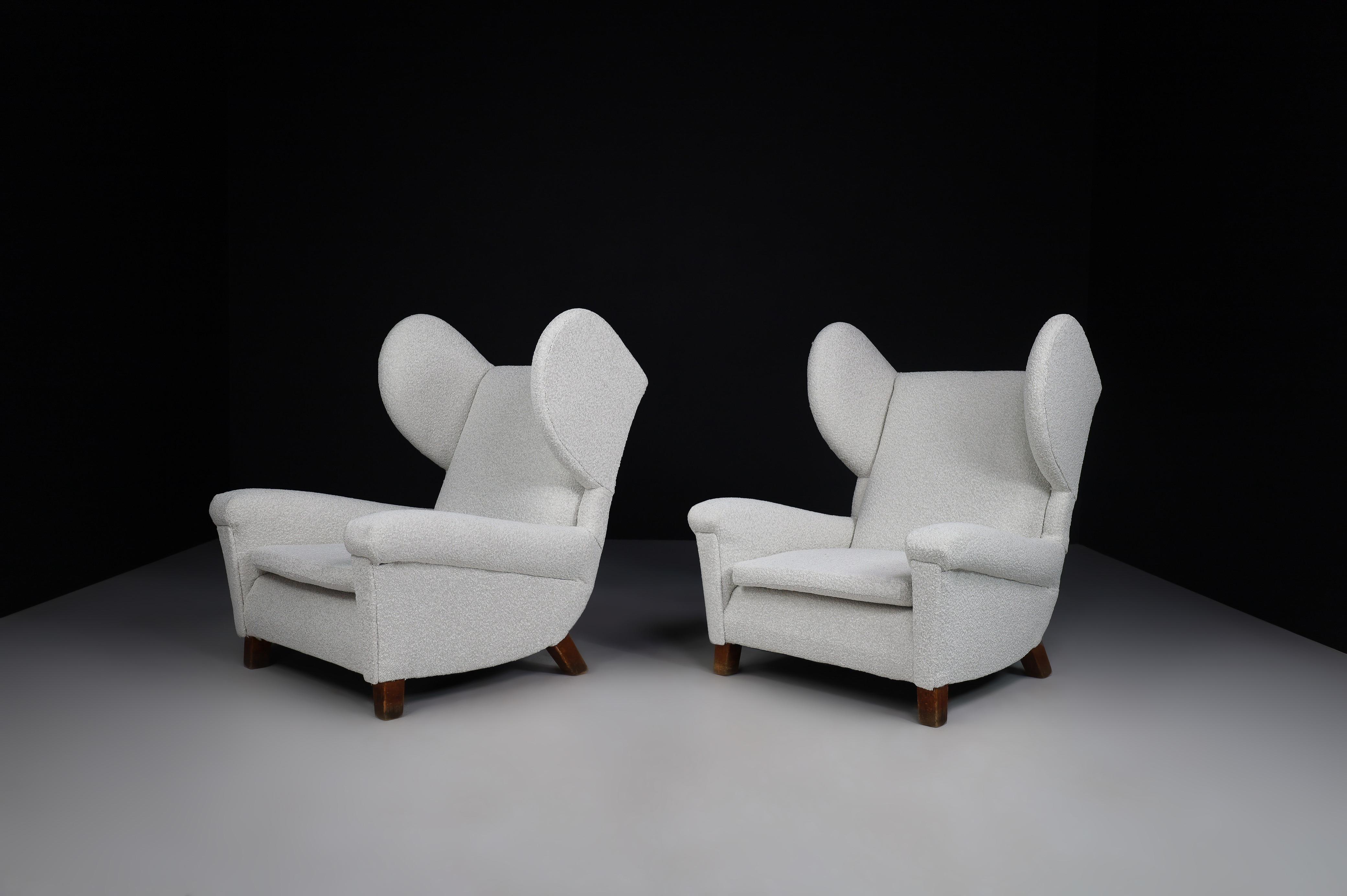 Large Monumental Midcentury Wingback Armchairs in Re-upholstered Bouclé Fabric For Sale 3