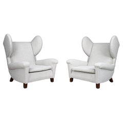 Large Monumental Midcentury Wingback Armchairs in Re-upholstered Bouclé Fabric
