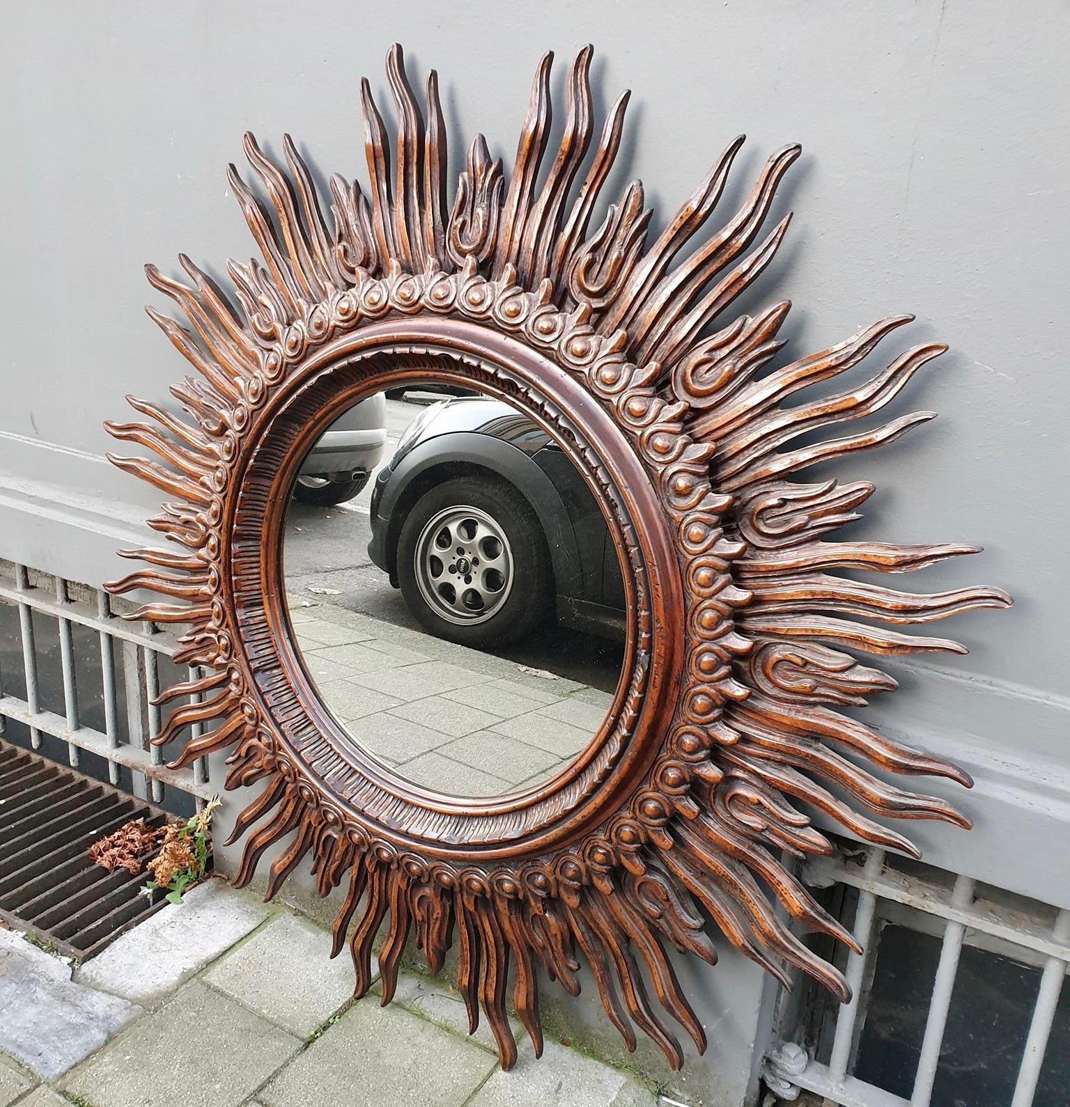 Large Monumental Spanish Wooden Sunburst Mirror by Francisco Hurtado 7