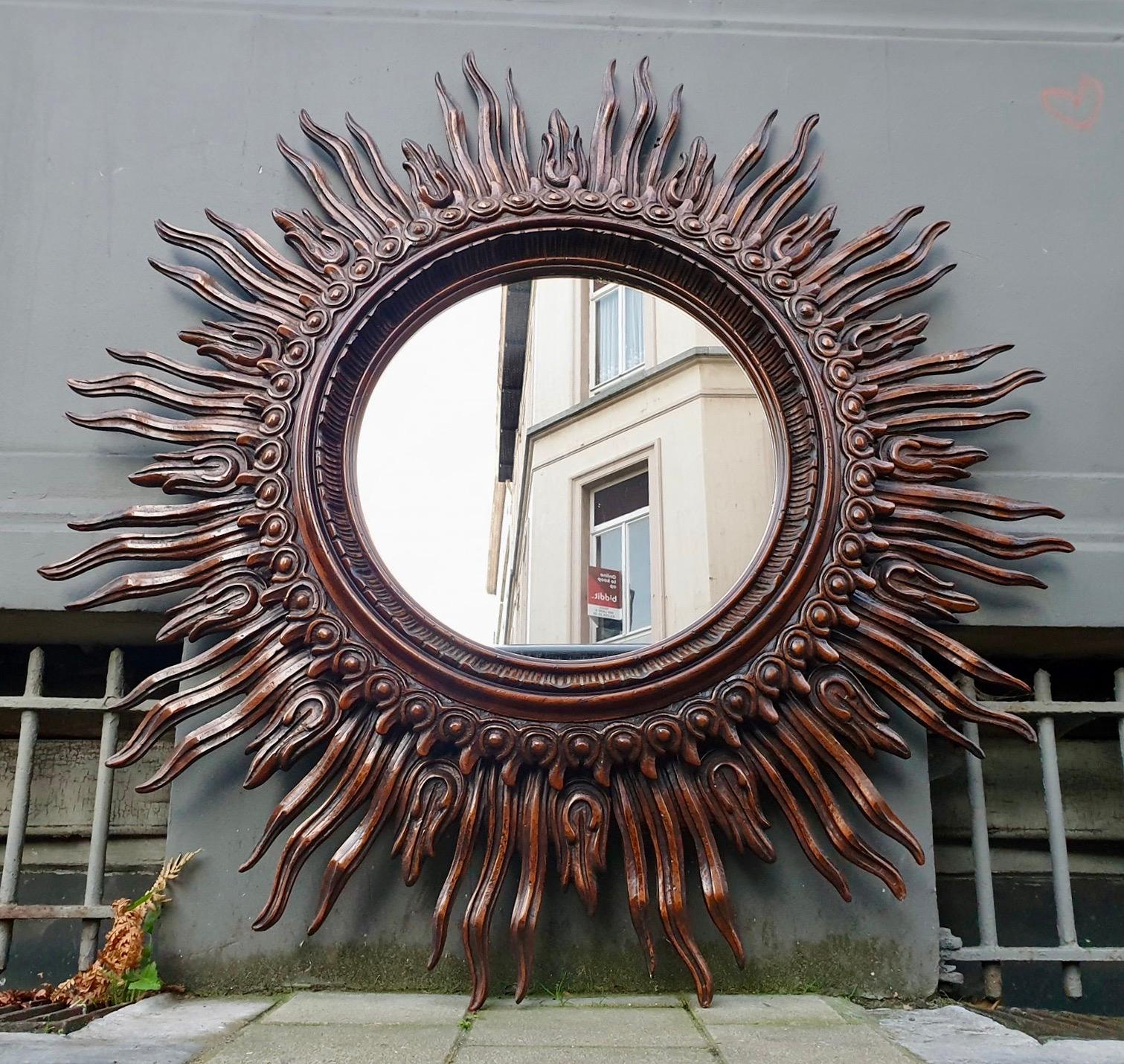 Large Monumental Spanish Wooden Sunburst Mirror by Francisco Hurtado 9