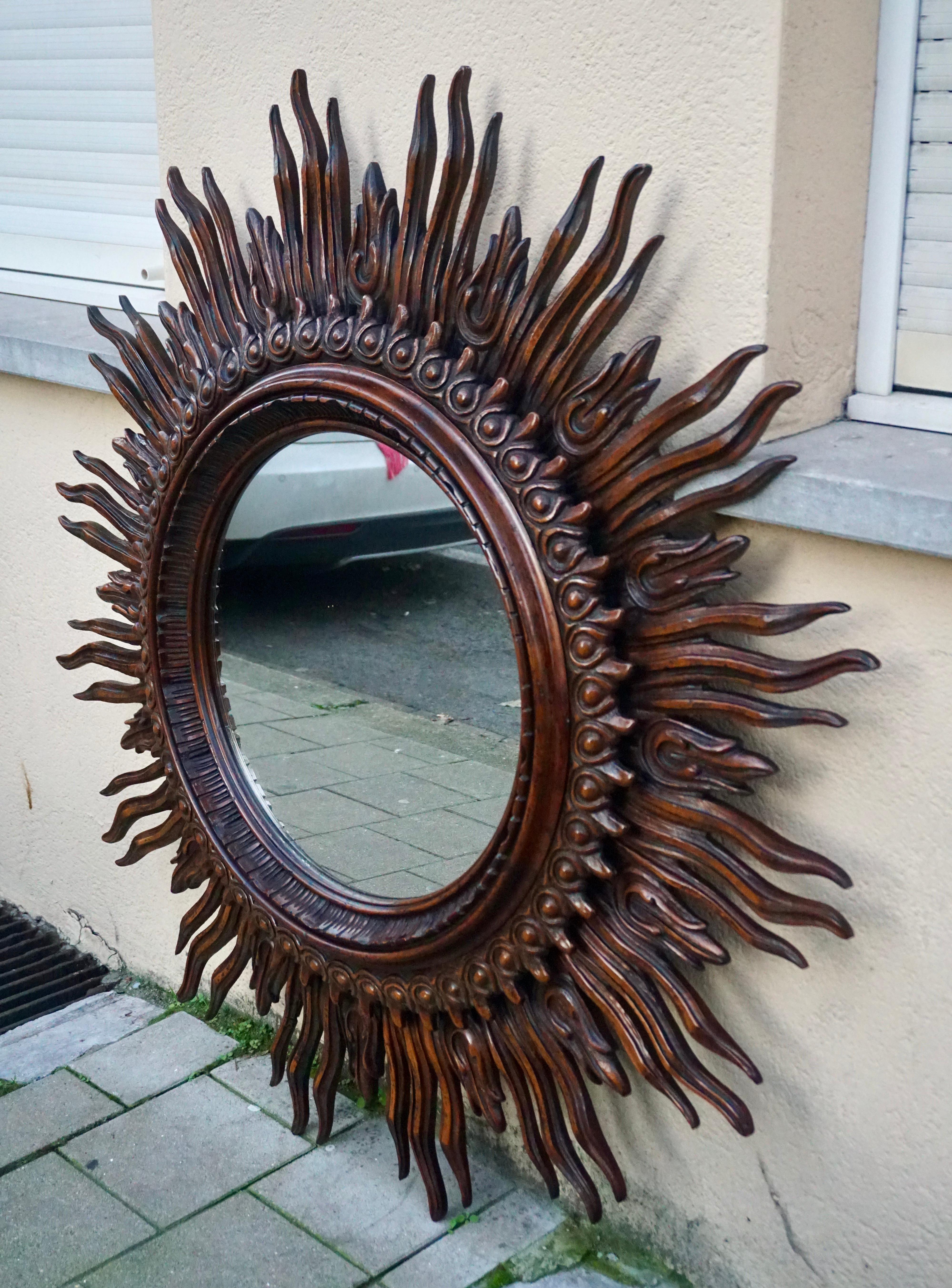 Hollywood Regency Large Monumental Spanish Wooden Sunburst Mirror by Francisco Hurtado