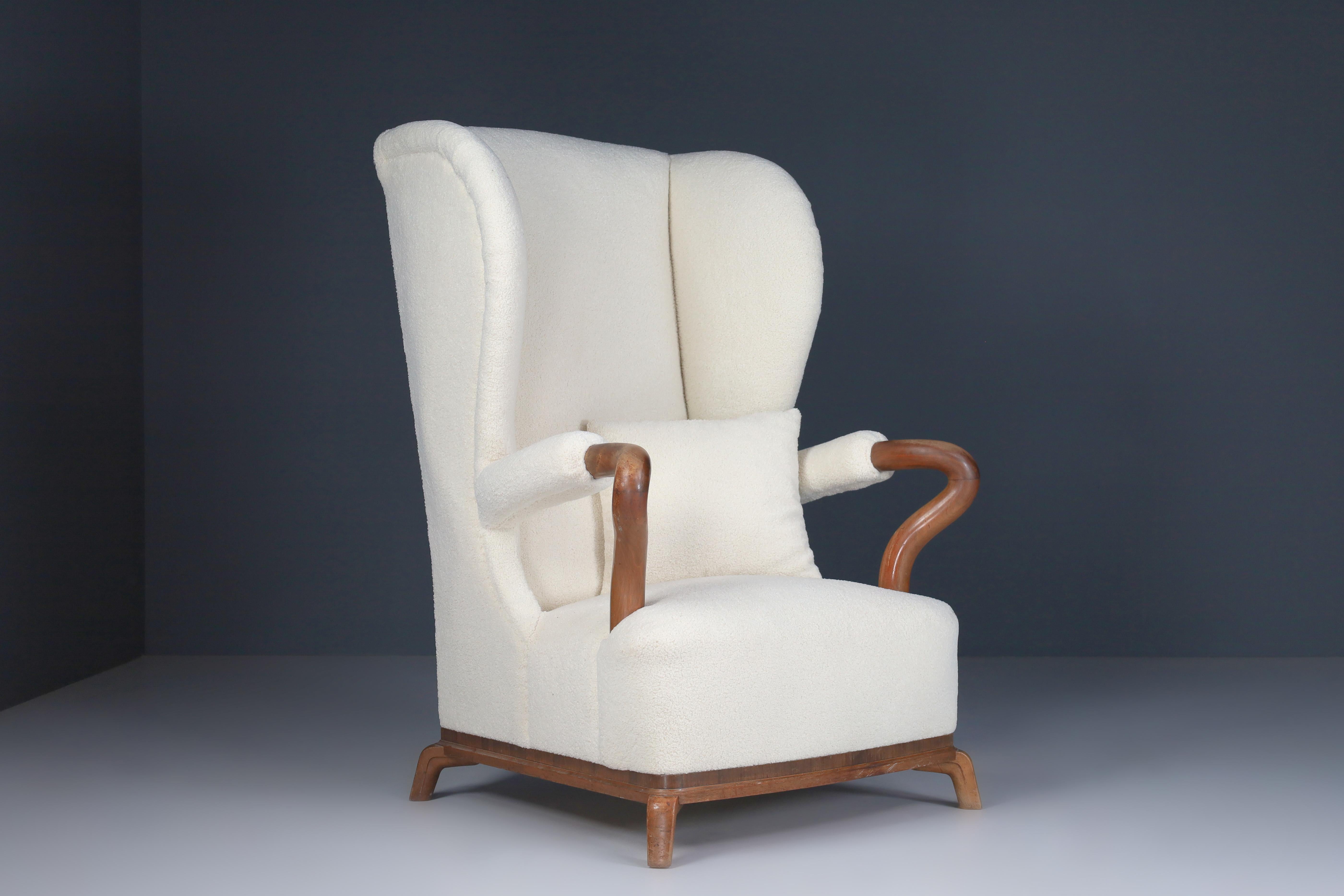 Large Monumental Wingback Armchair in Re-upholstered Teddy Fabric, France 1930s For Sale 5