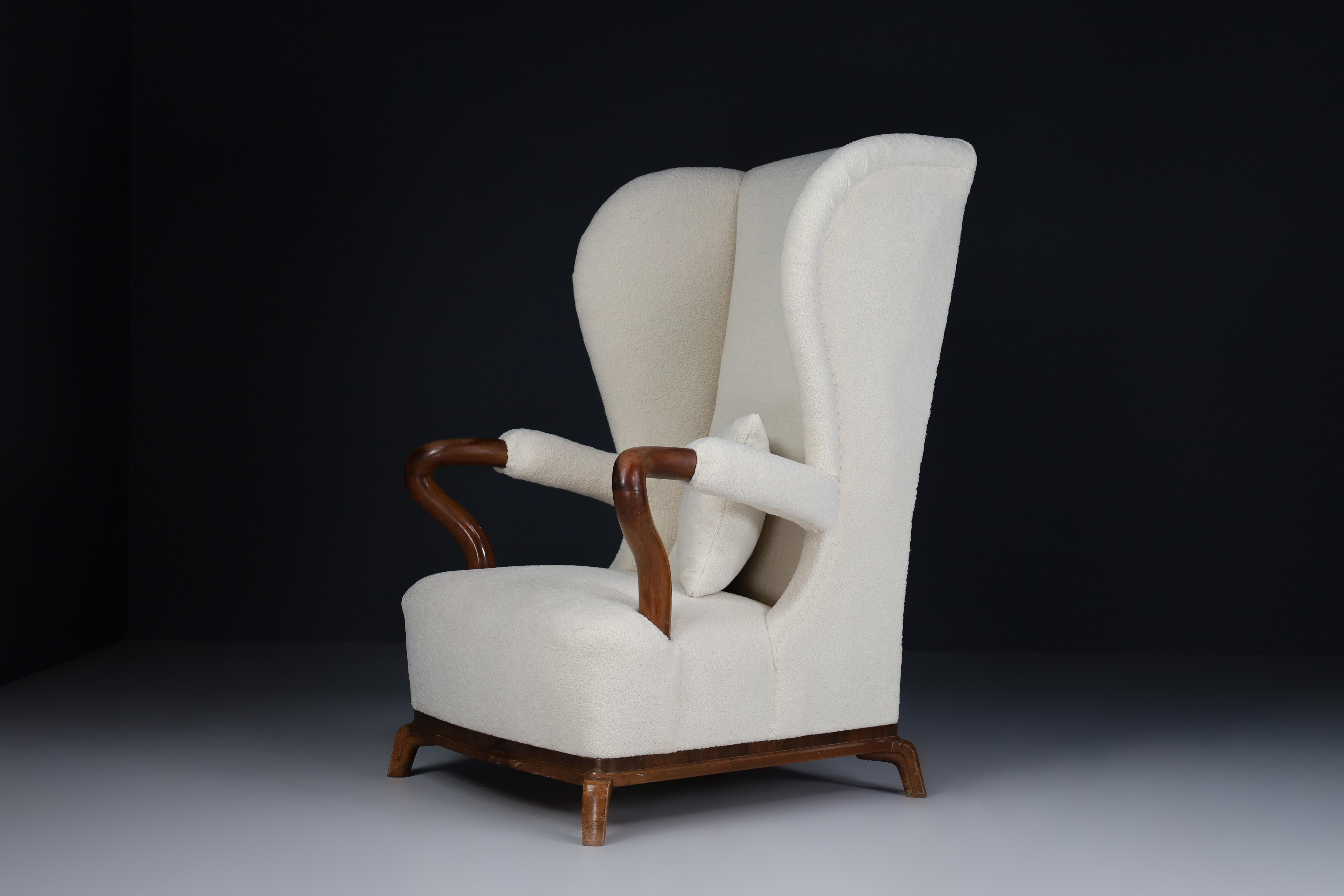 Large Monumental Wingback Armchair in Re-upholstered Teddy Fabric, France 1930s For Sale 6