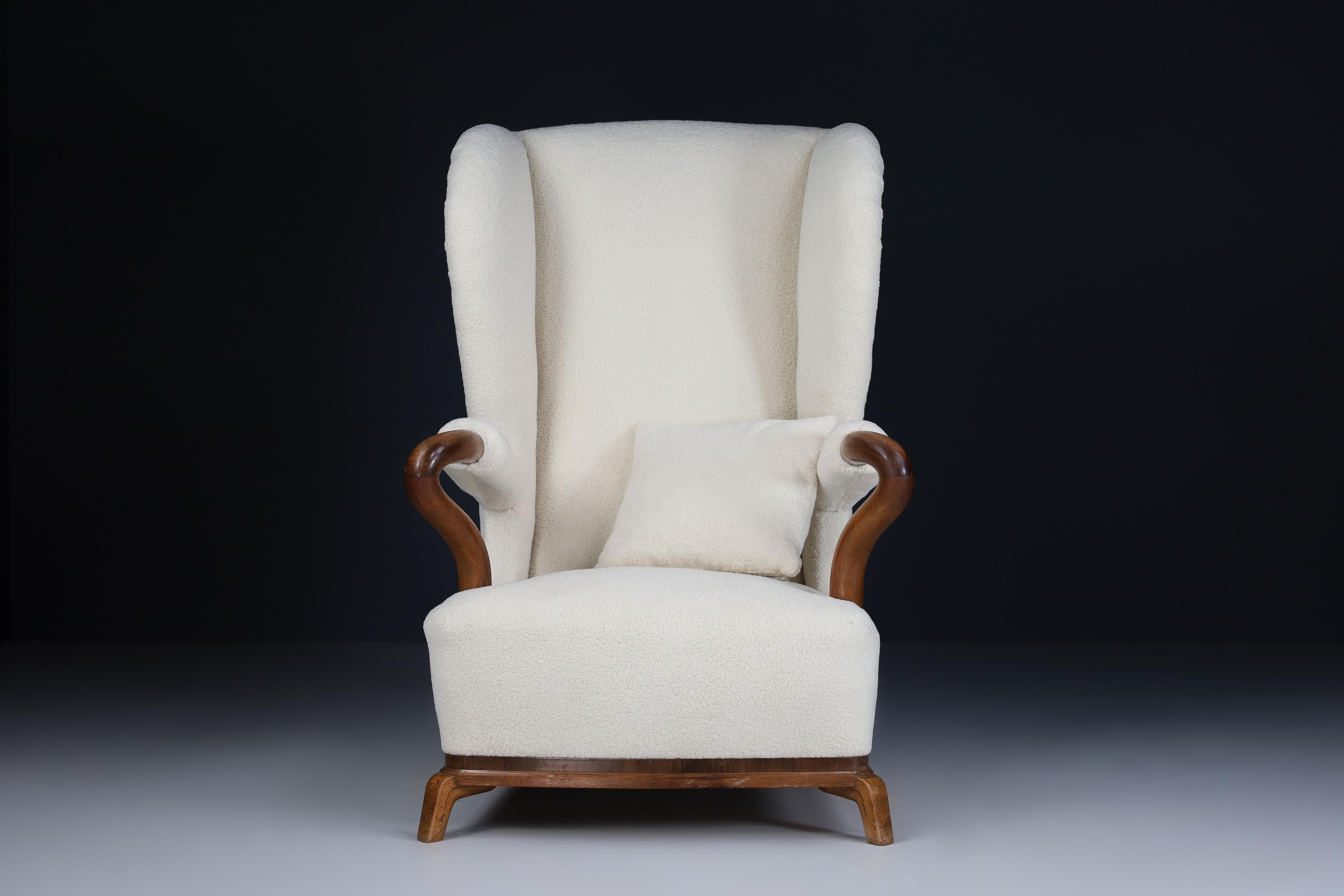 Mid-Century Modern Large Monumental Wingback Armchair in Re-upholstered Teddy Fabric, France 1930s For Sale