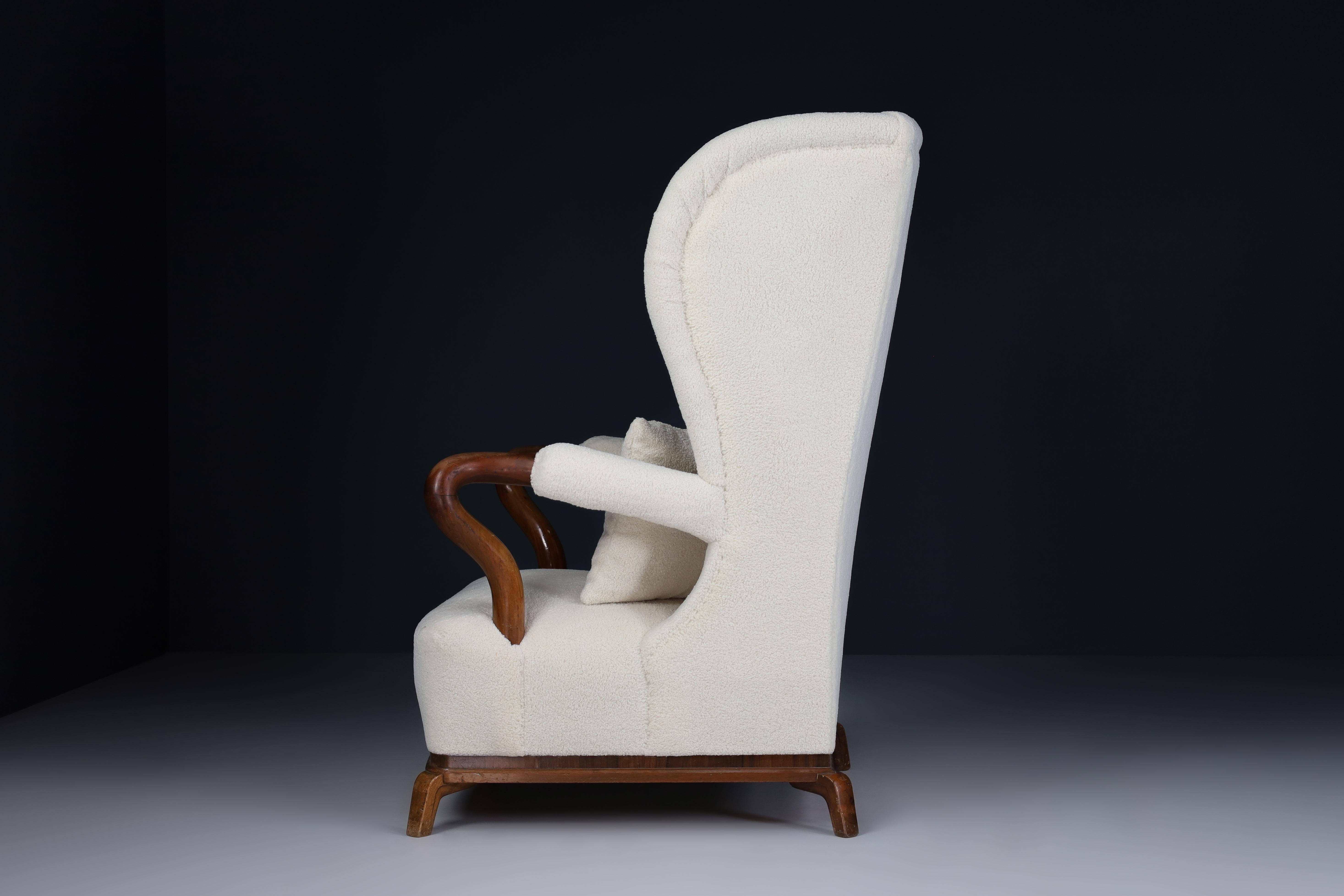Large Monumental Wingback Armchair in Re-upholstered Teddy Fabric, France 1930s For Sale 1