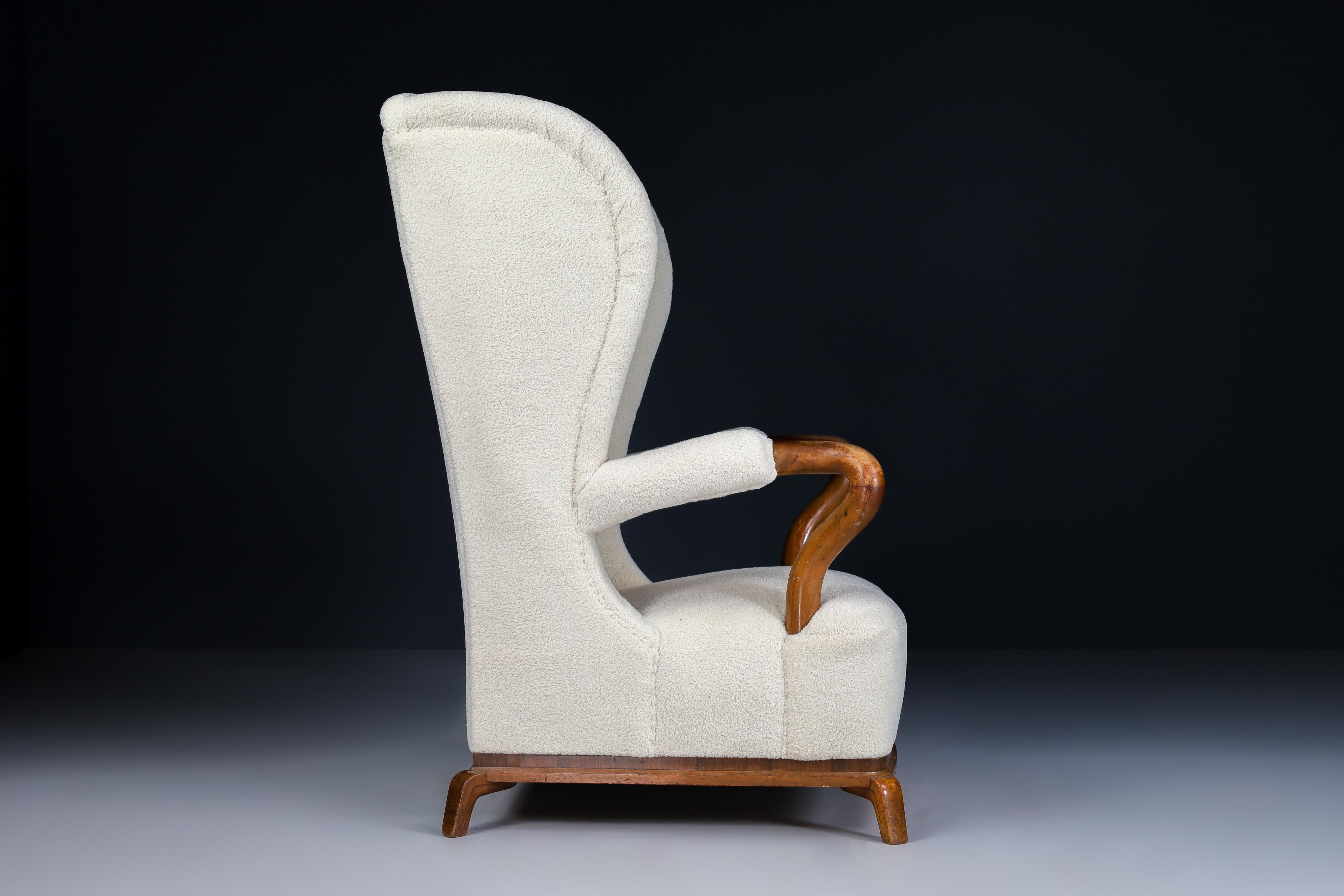 Large Monumental Wingback Armchair in Re-upholstered Teddy Fabric, France 1930s For Sale 2