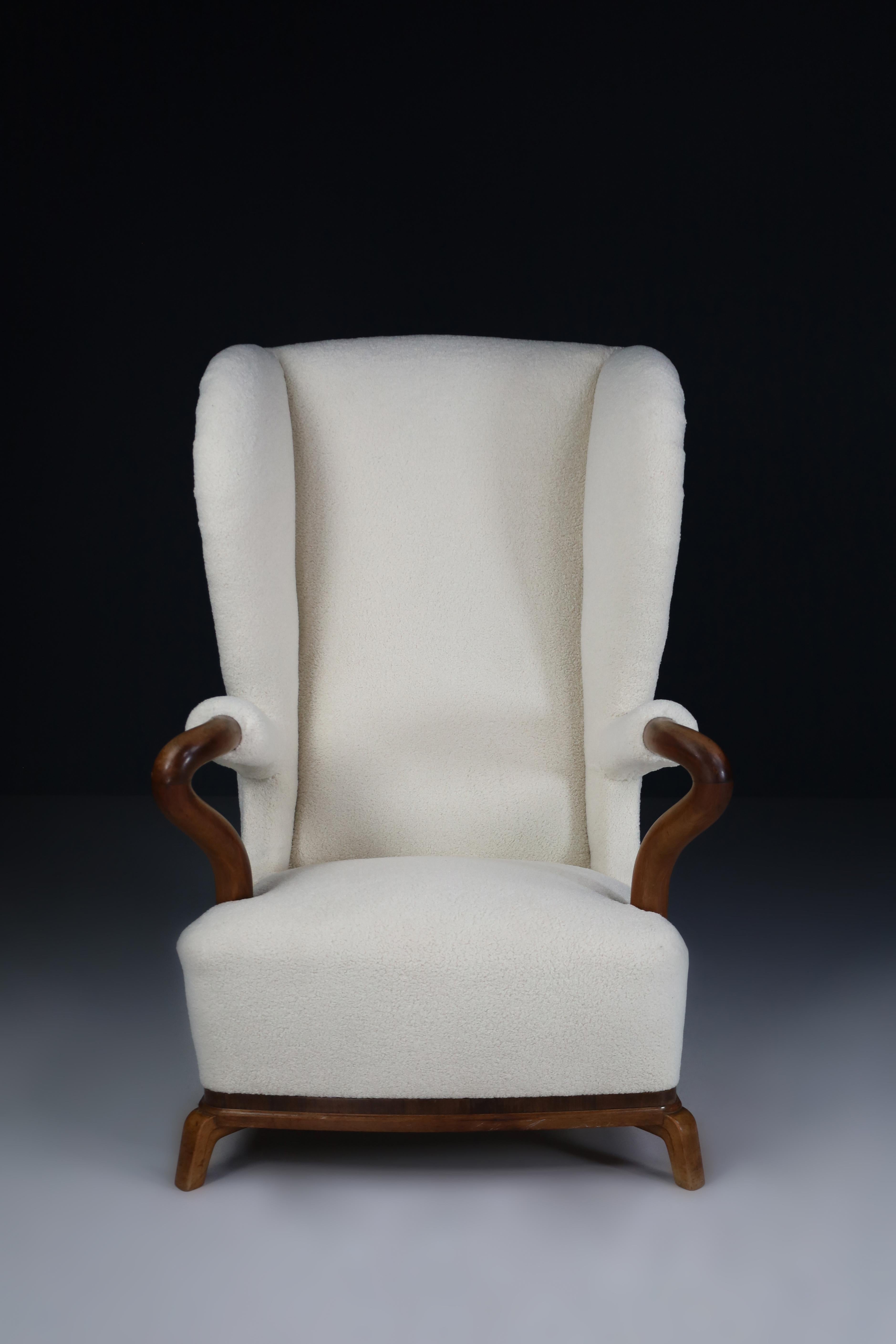 Large Monumental Wingback Armchair in Re-upholstered Teddy Fabric, France 1930s For Sale 4