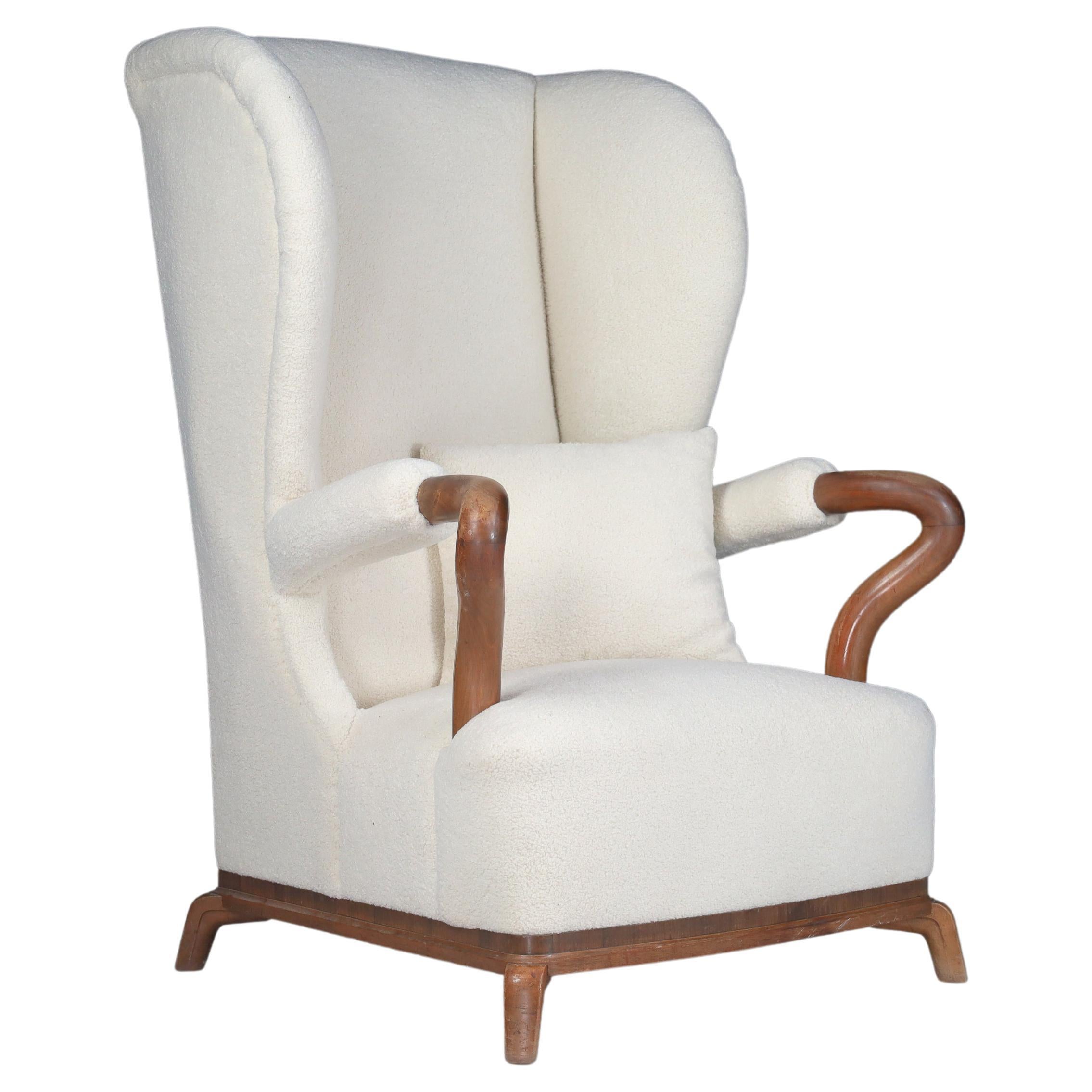 Large Monumental Wingback Armchair in Re-upholstered Teddy Fabric, France 1930s