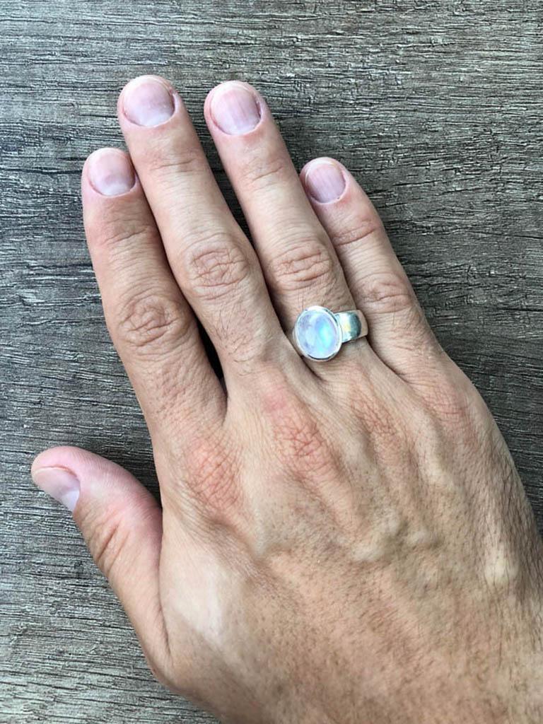 Artist Large Moonstone Silver Ring Oval Cabochon White Blue Gemstone Vintage ring For Sale