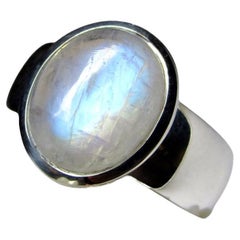 Large Moonstone Silver Ring Oval Cabochon White Blue Gemstone Vintage ring