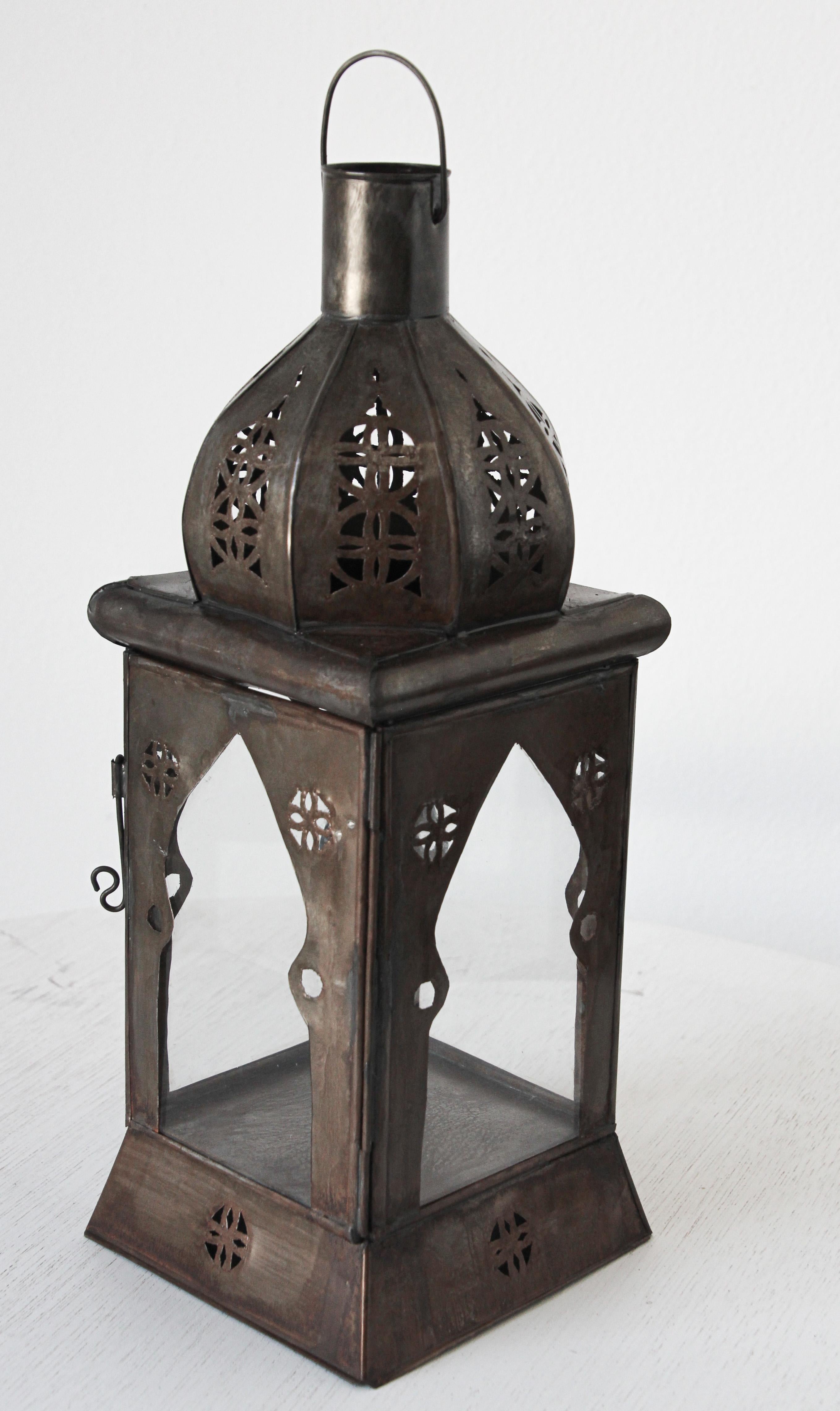 Hammered Moroccan Square Tole and Clear Glass Candle Lantern For Sale
