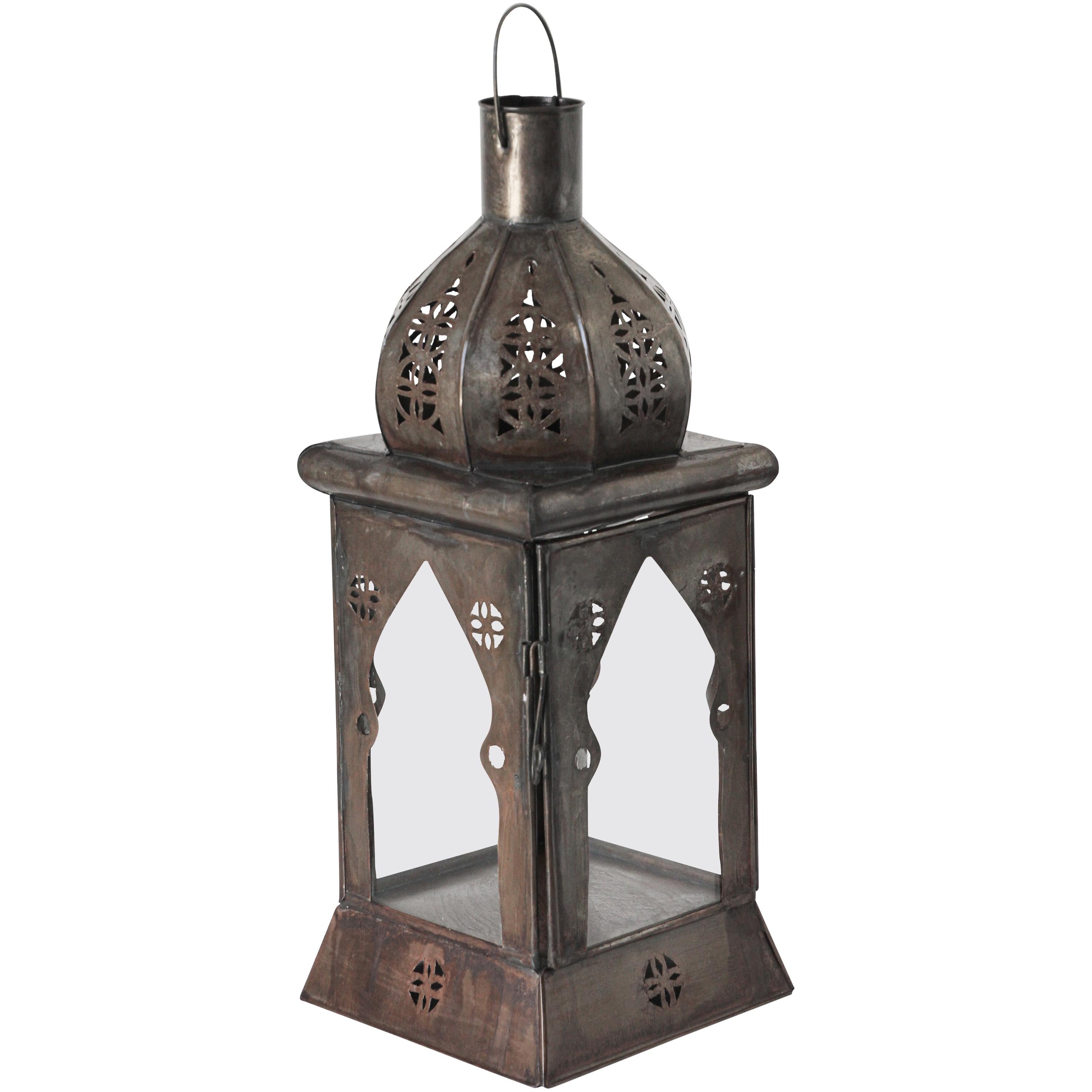 Moroccan Square Tole and Clear Glass Candle Lantern For Sale