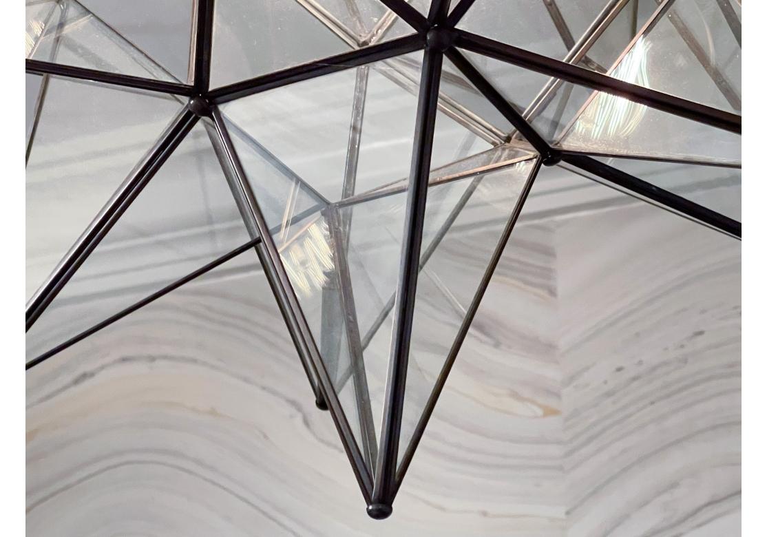 Large Moravian Bronze Finished Metal & Glass Dimensional Star Chandelier In Fair Condition For Sale In Bridgeport, CT