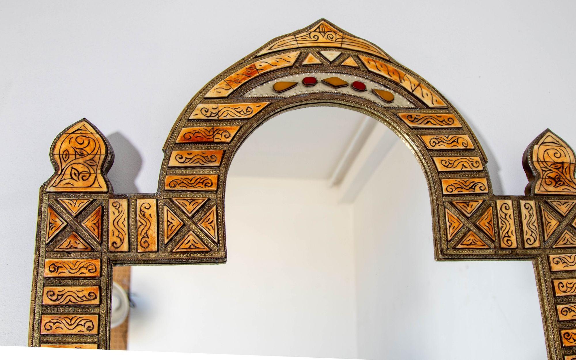 Large Moroccan Arched Mirror Bone Amber Inlaid For Sale 7