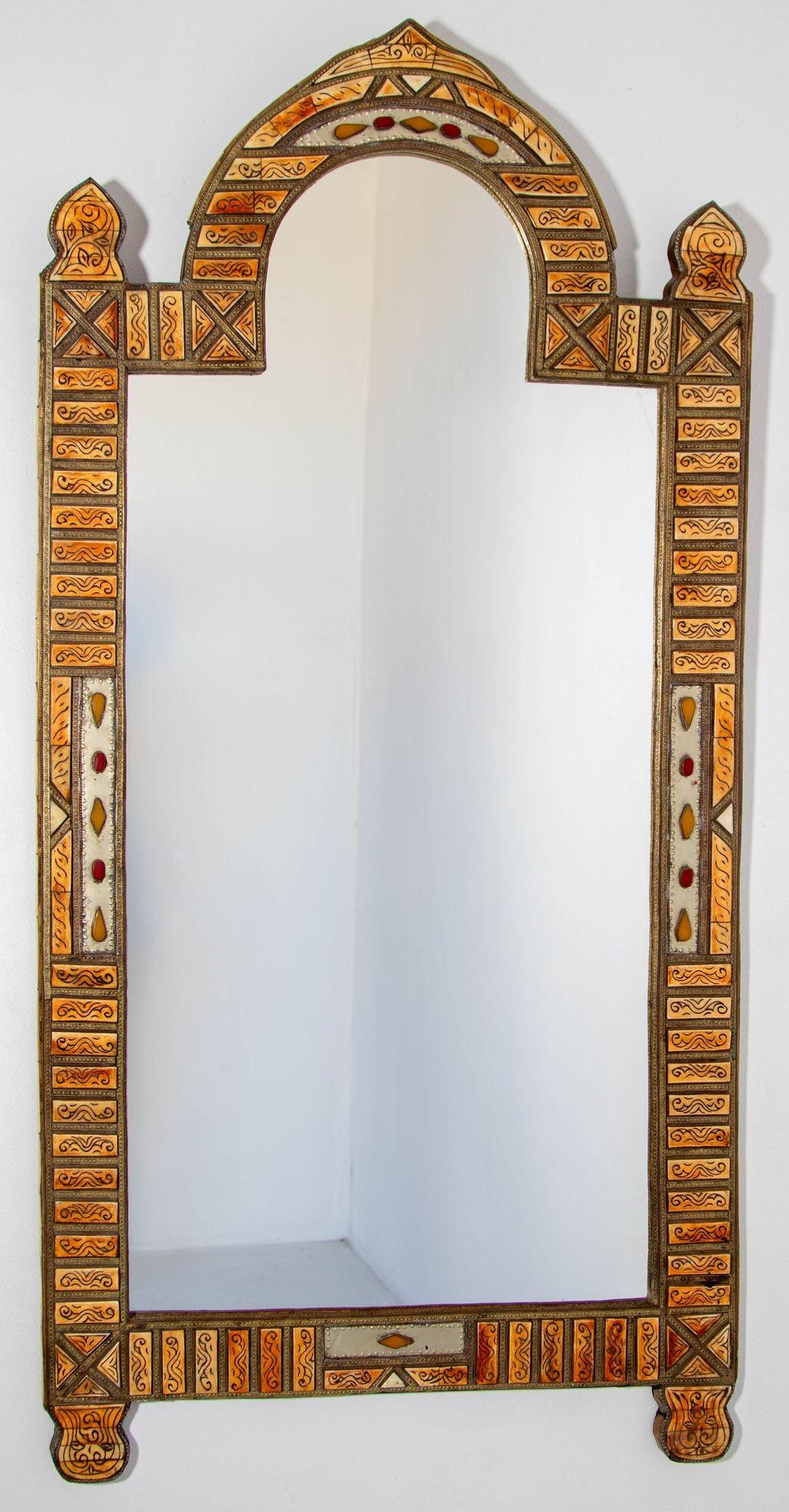 Large Moroccan Arched Mirror Bone Amber Inlaid For Sale 9