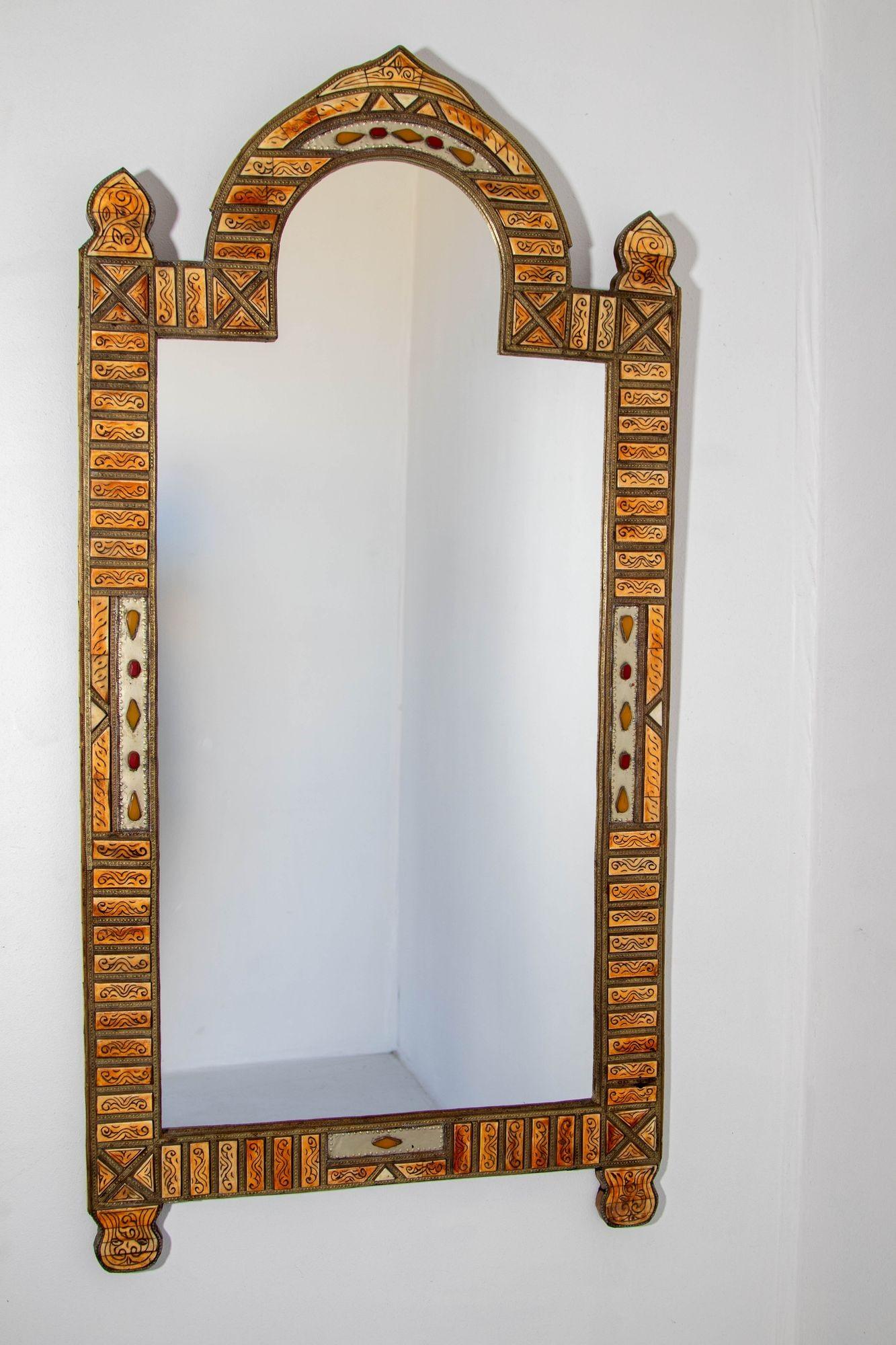 Large Moroccan Arched Mirror Bone Amber Inlaid For Sale 10