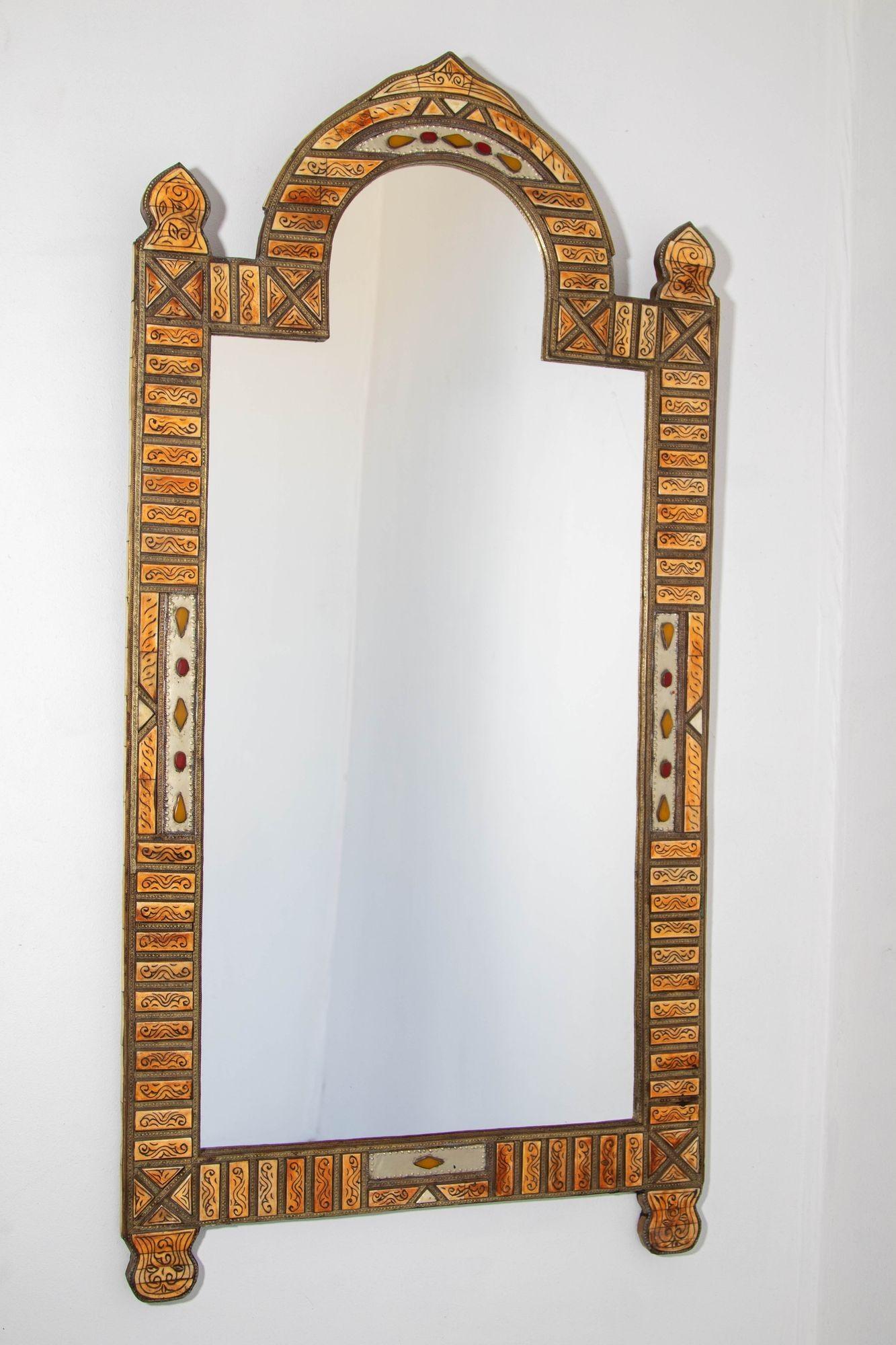 Moorish Large Moroccan Arched Mirror Bone Amber Inlaid For Sale