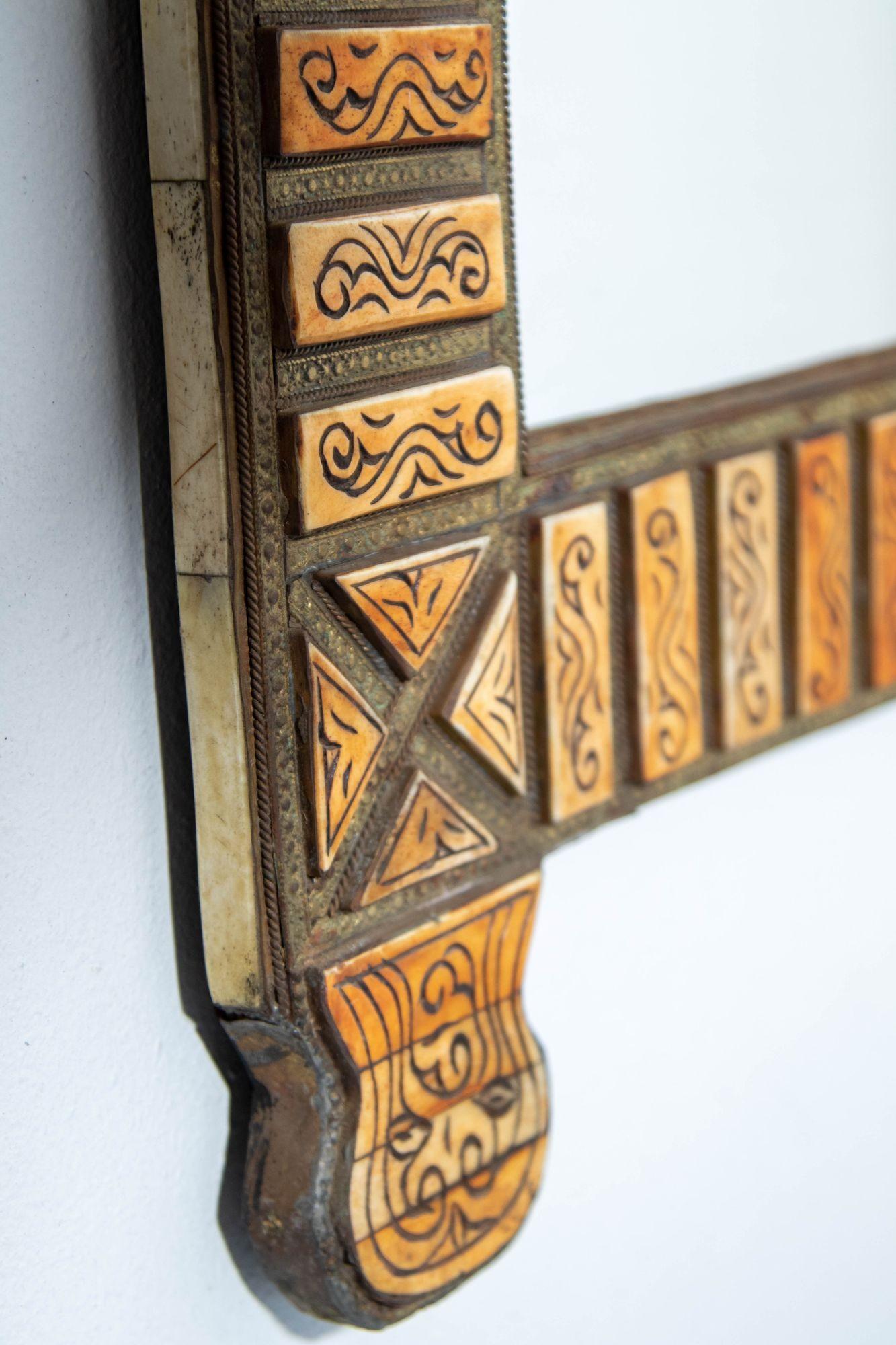 Hand-Crafted Large Moroccan Arched Mirror Bone Amber Inlaid For Sale