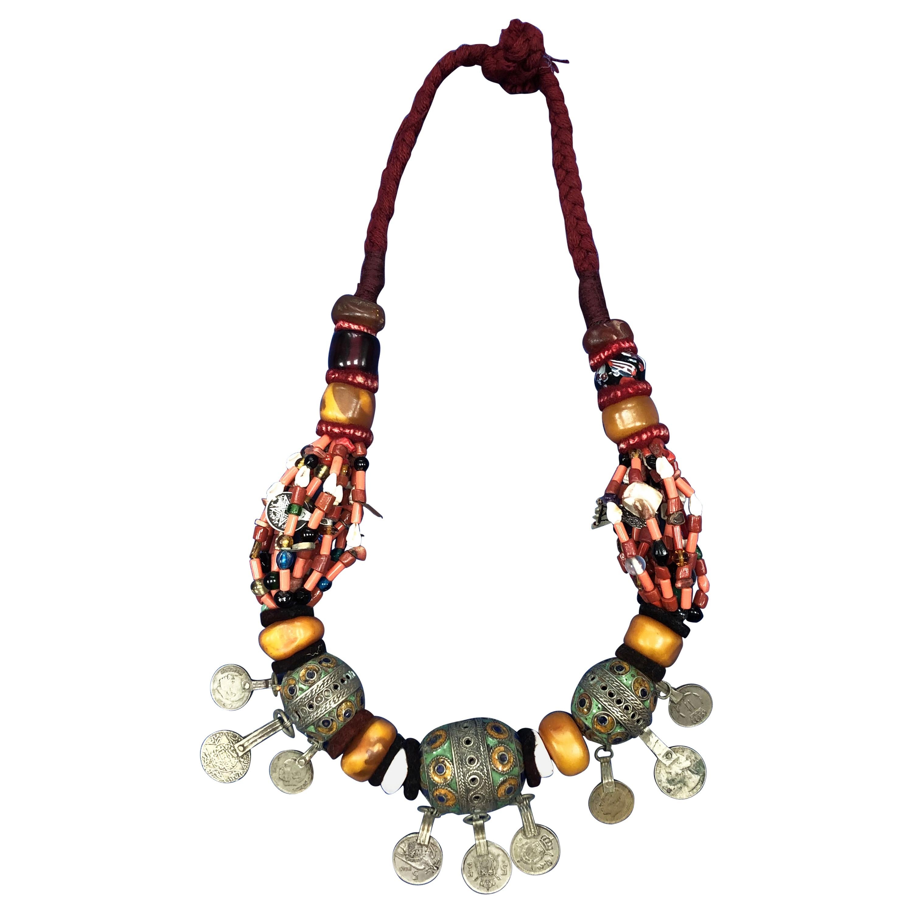 Large Moroccan Berber Boho Bead Necklace: Silver, Enamel, Amber, Copal, Coin For Sale