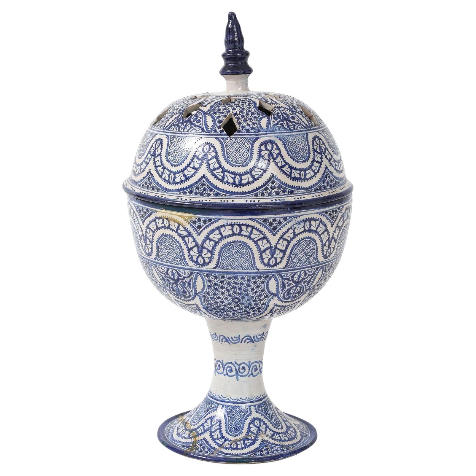 Large Moroccan Blue & White Ceramic Urn with Pierced Lid, Early 20th C.