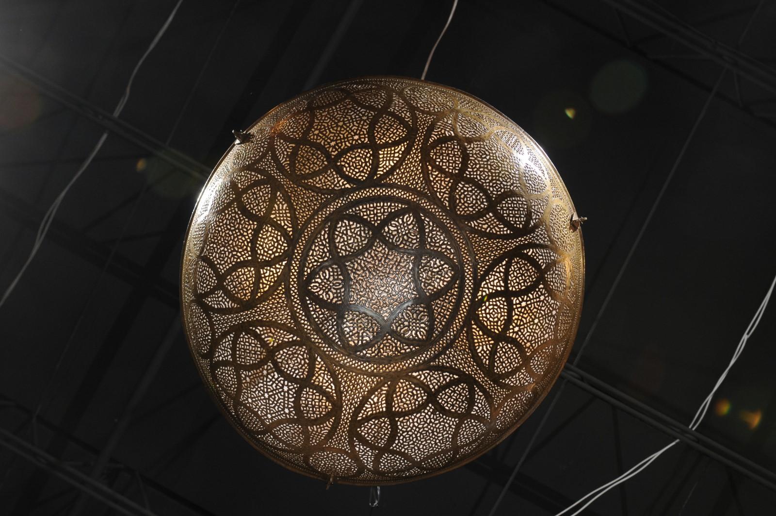 Large Moroccan Brass Dome Pendant Light Fixture with Pierced Geometrical Motifs 3
