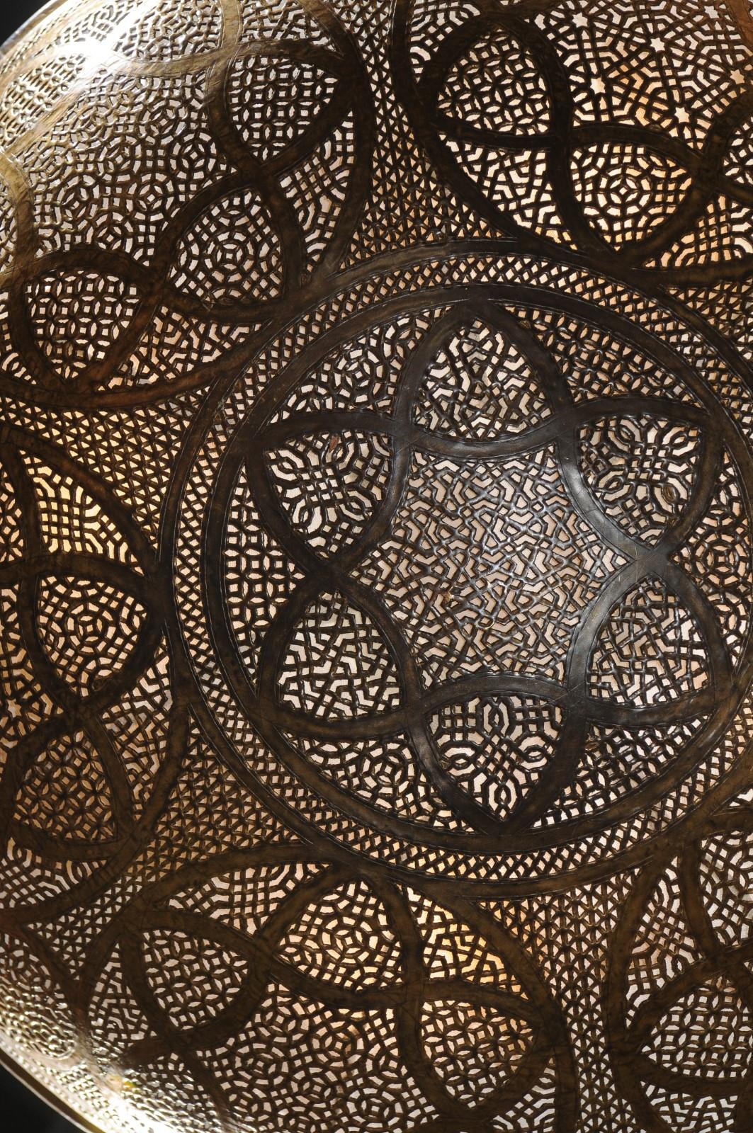 Large Moroccan Brass Dome Pendant Light Fixture with Pierced Geometrical Motifs 4