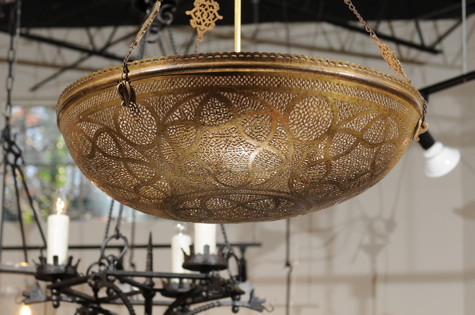 Moorish Large Moroccan Brass Dome Pendant Light Fixture with Pierced Geometrical Motifs