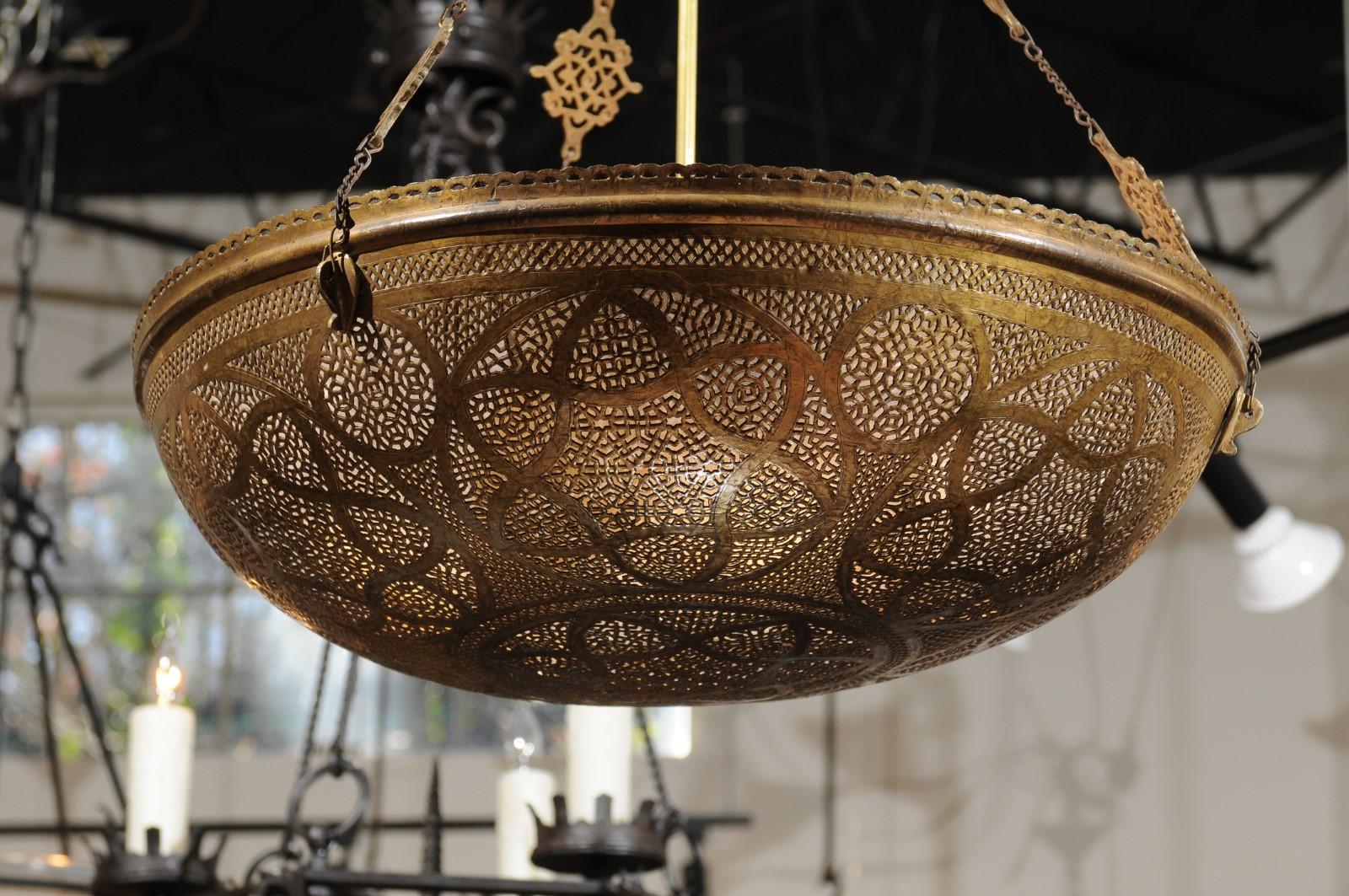 Large Moroccan Brass Dome Pendant Light Fixture with Pierced Geometrical Motifs In Good Condition In Atlanta, GA