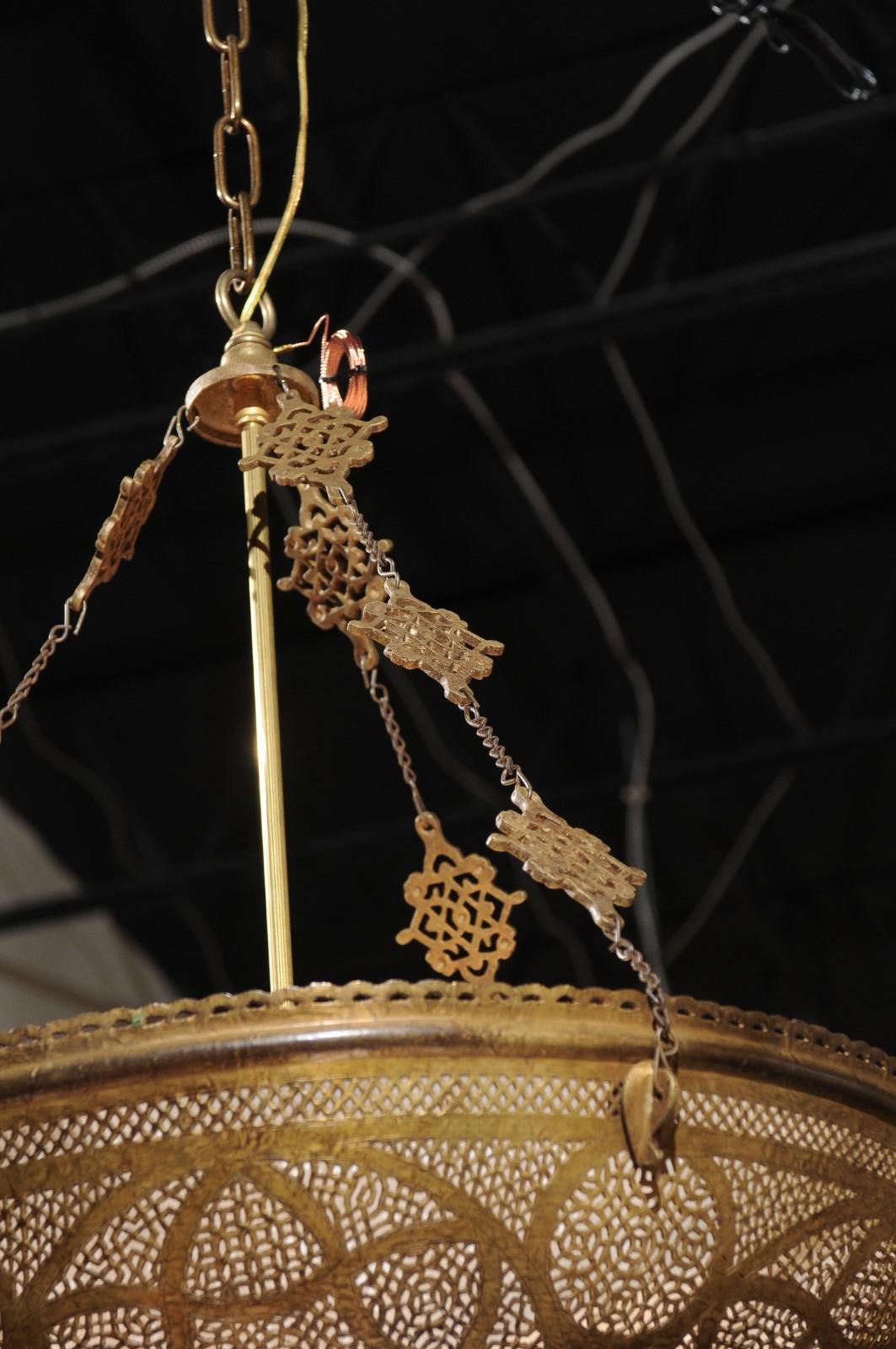 20th Century Large Moroccan Brass Dome Pendant Light Fixture with Pierced Geometrical Motifs