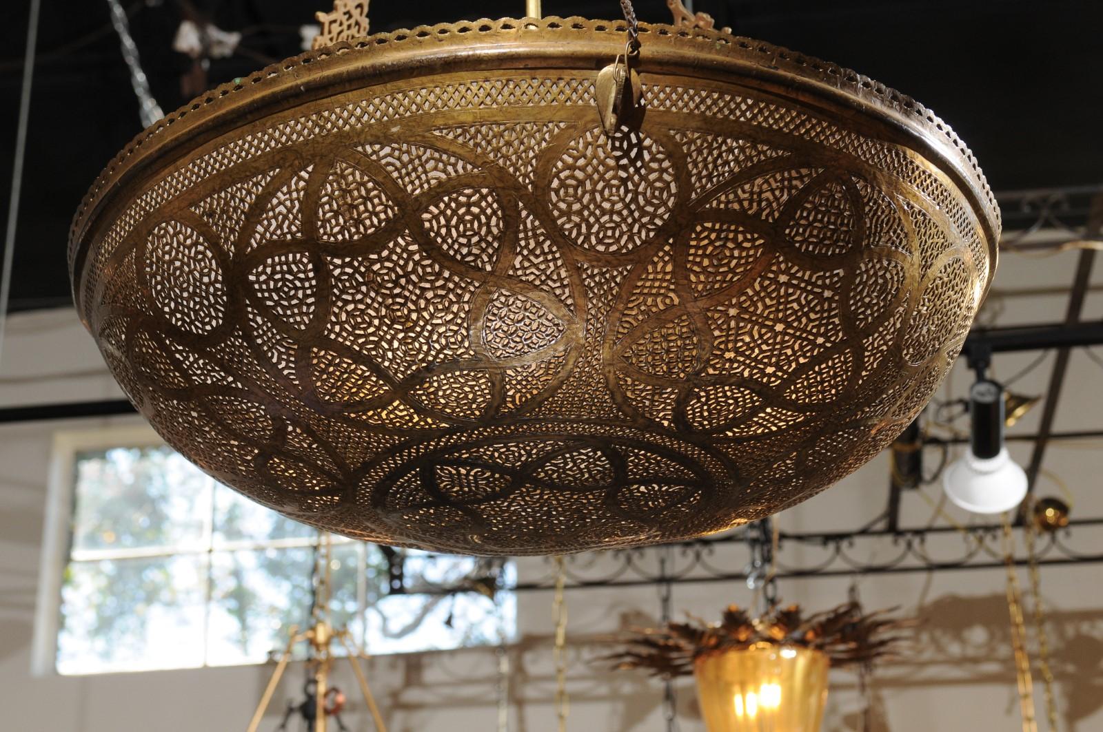 Large Moroccan Brass Dome Pendant Light Fixture with Pierced Geometrical Motifs 1