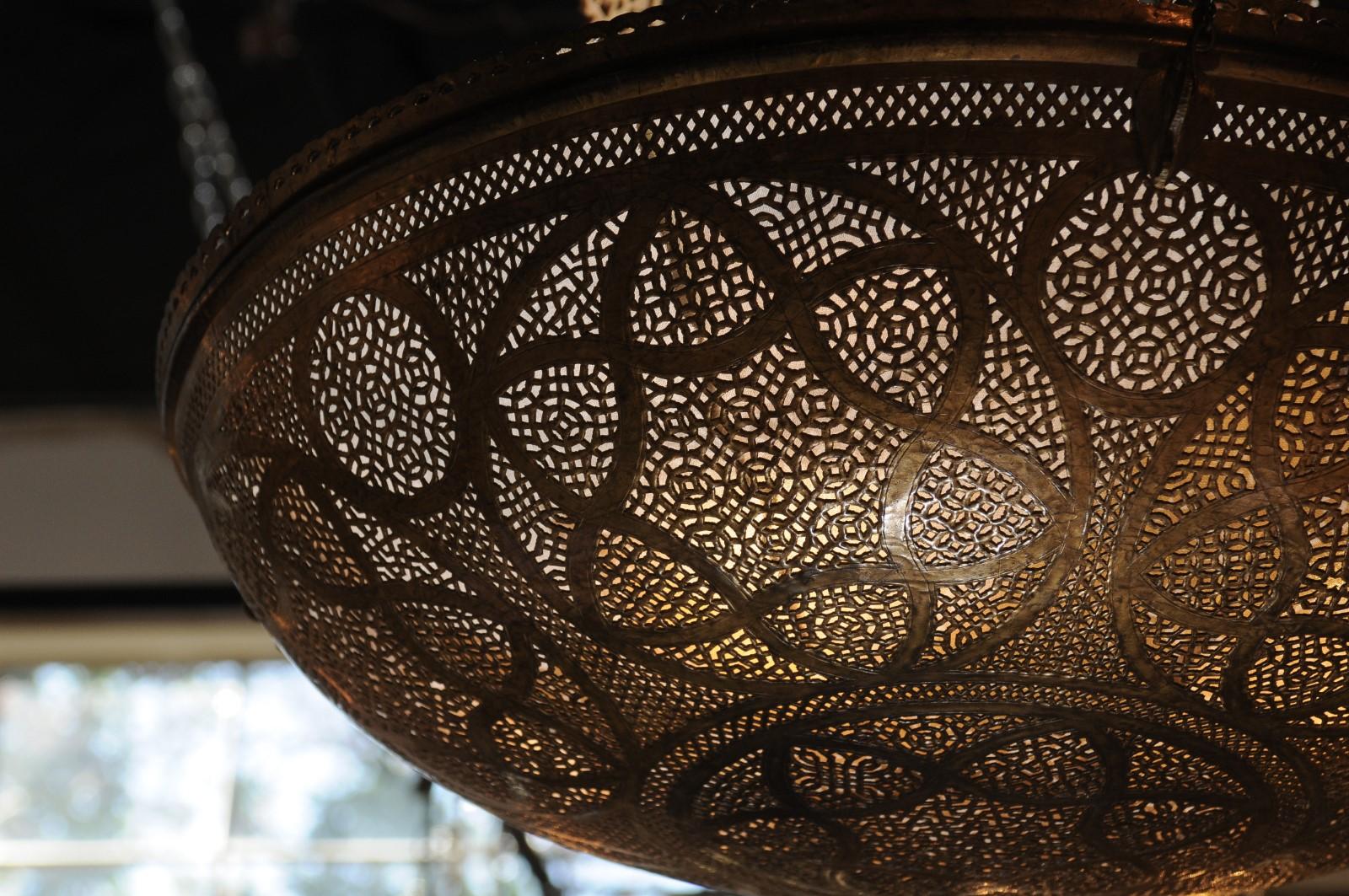 Large Moroccan Brass Dome Pendant Light Fixture with Pierced Geometrical Motifs 2