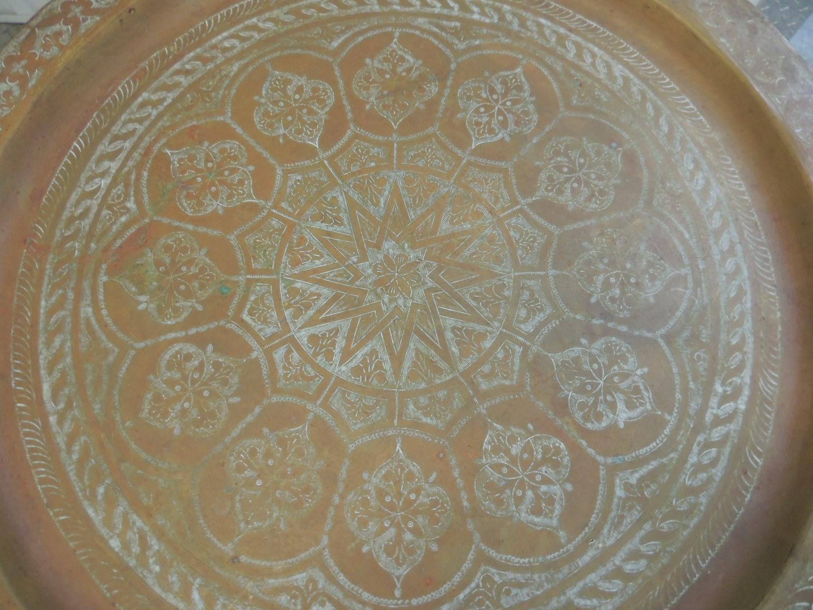 Hand-Crafted Large Moroccan Brass Tray Coffee Table with Folding Stand
