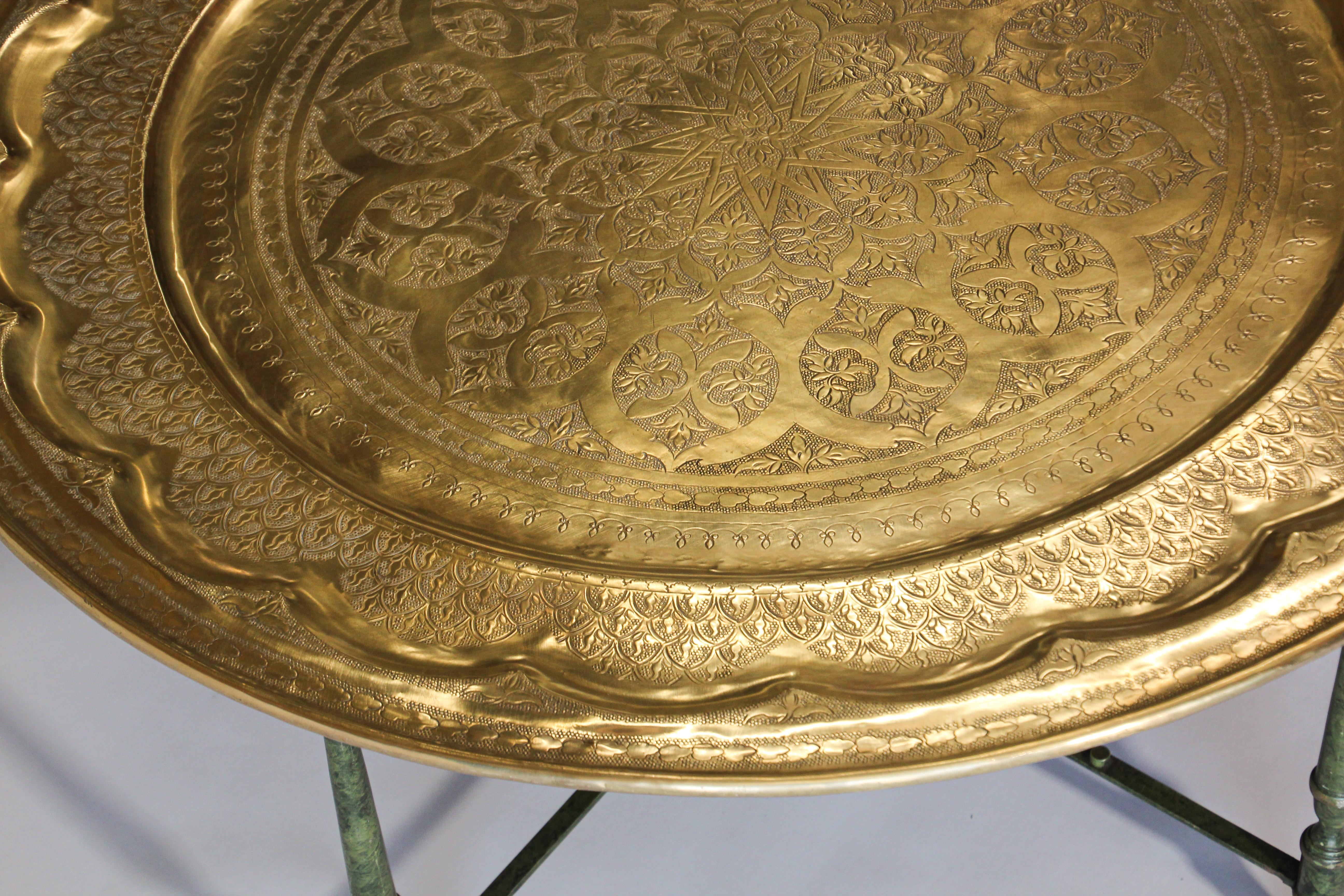 Large Moroccan Brass Tray Table on Folding Stand 1