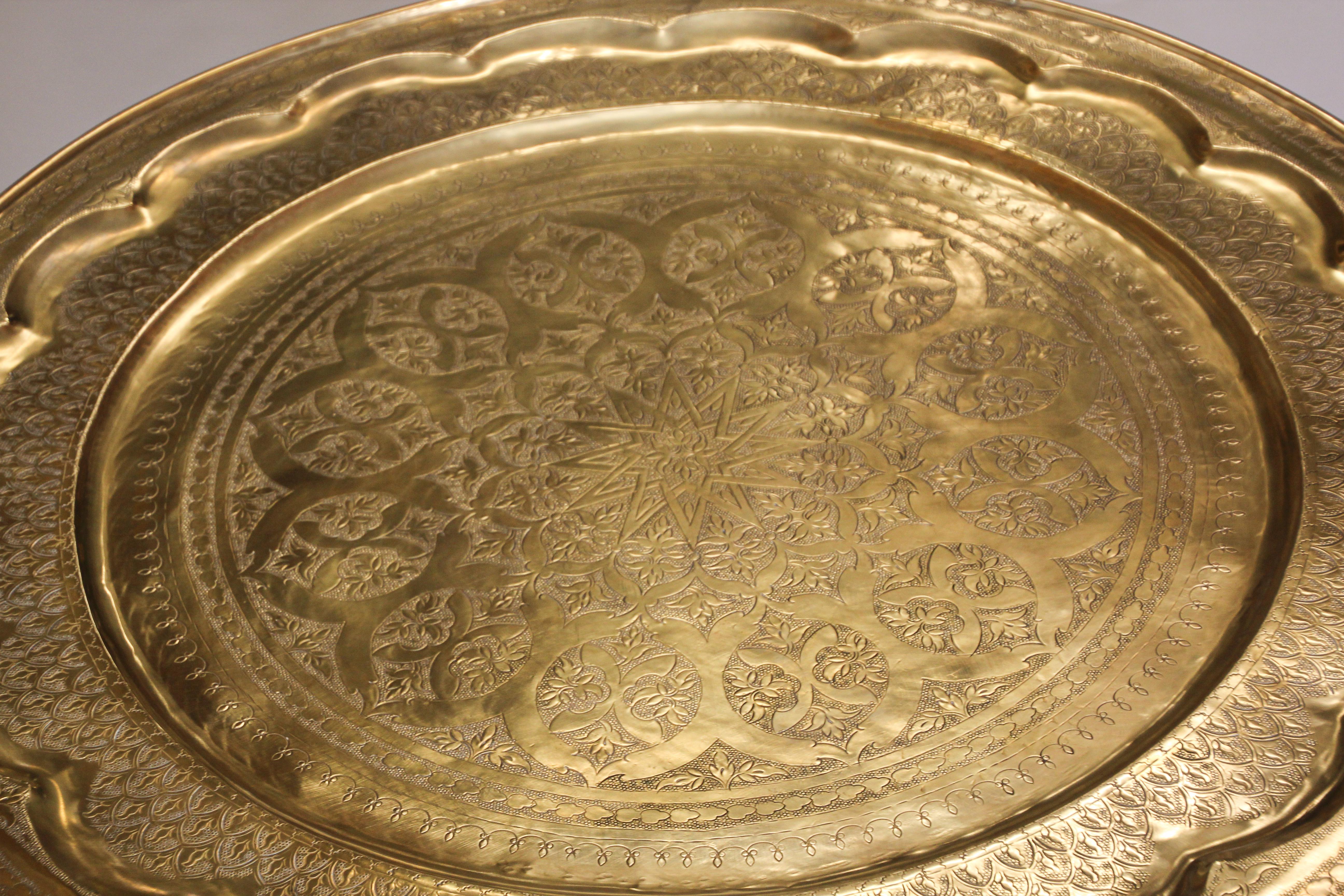 Large Moroccan Brass Tray Table on Folding Stand 2