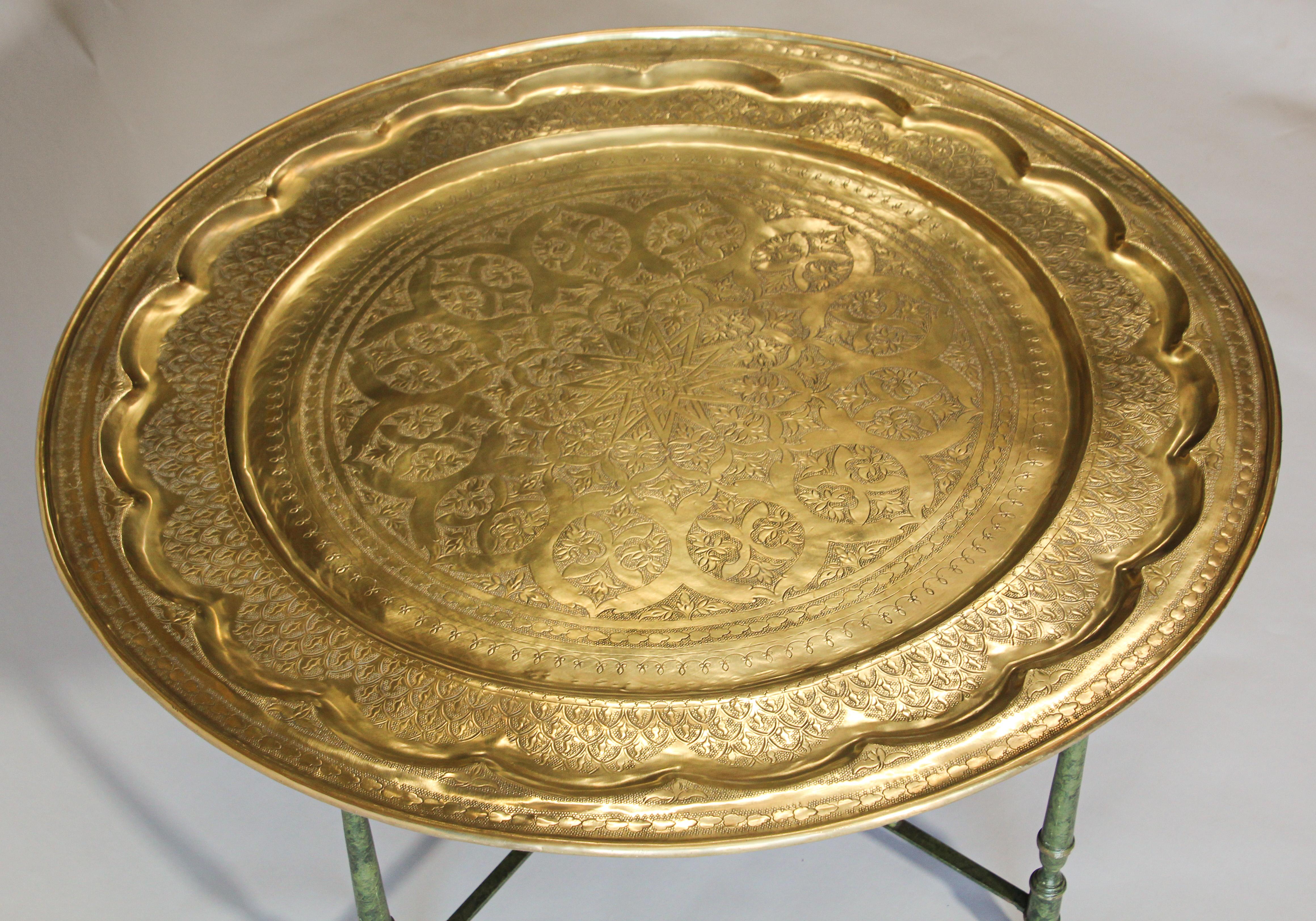 Large Moroccan Brass Tray Table on Folding Stand 3