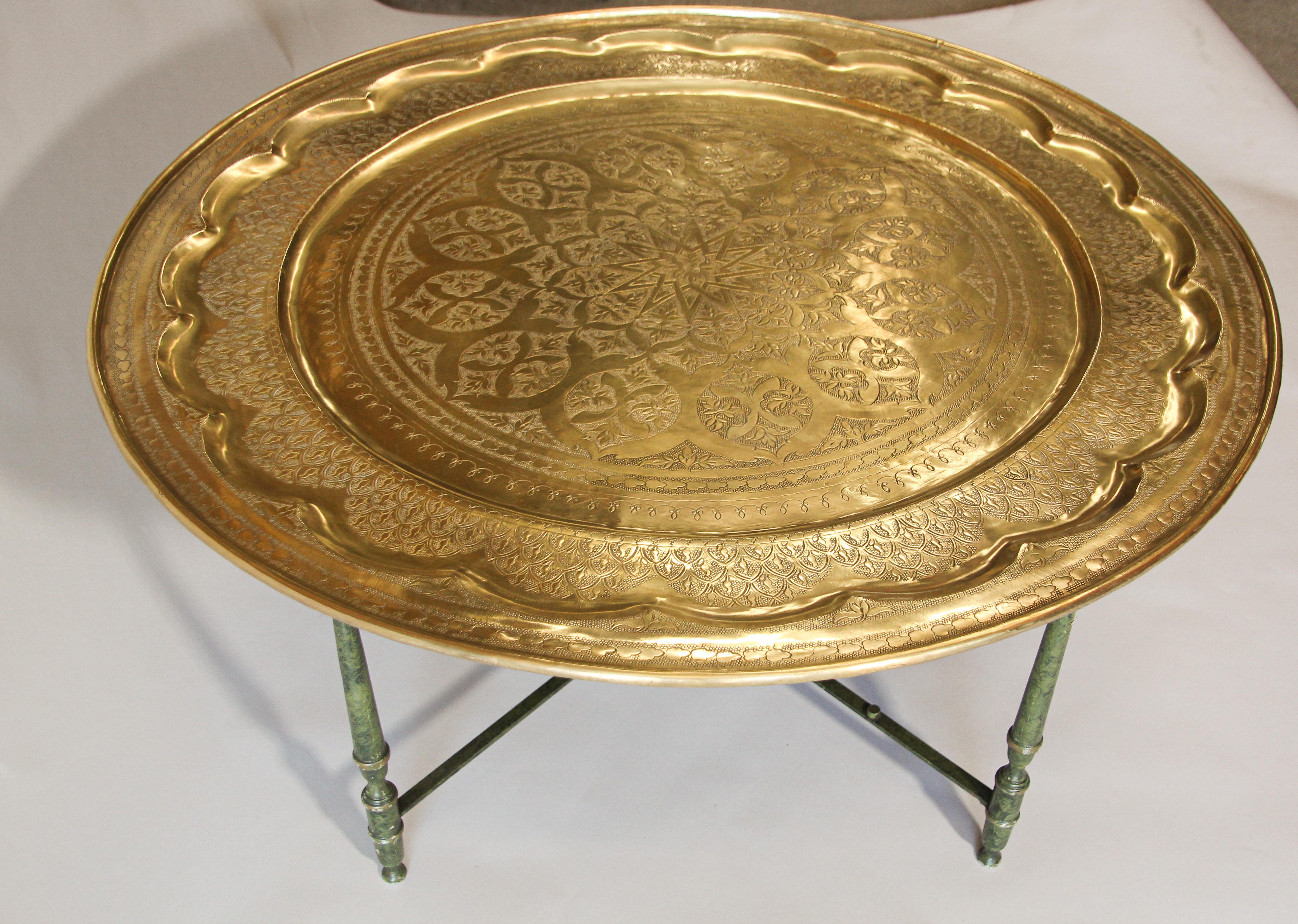 Large Moroccan Brass Tray Table on Folding Stand 5